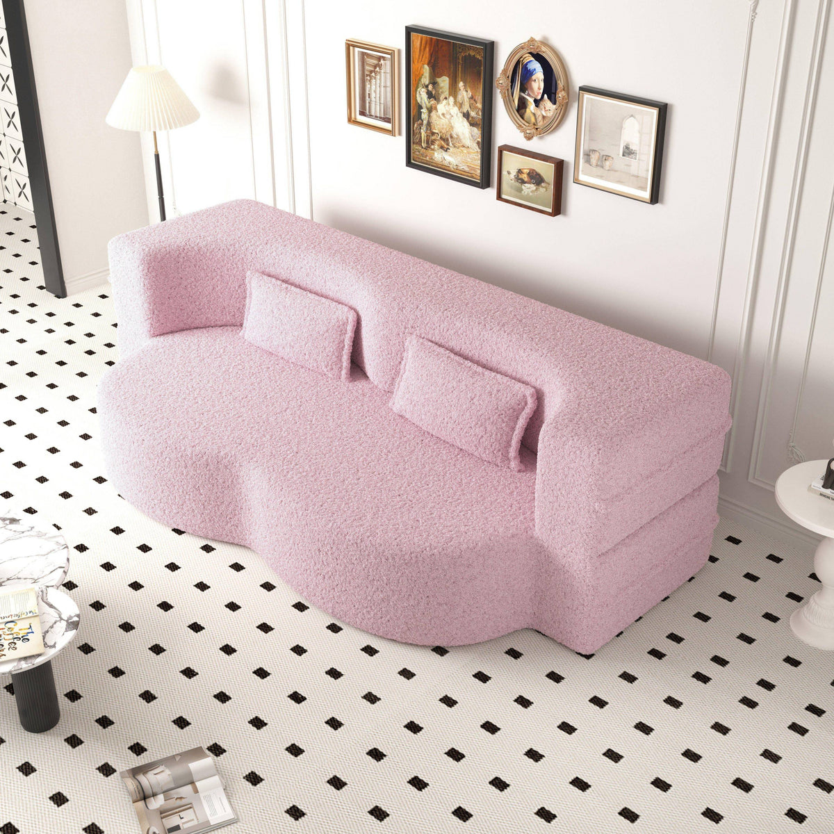 Construction and detail view of Sofa Bed 3-Tier Folding Sleeper Pink Sherpa Fleece Full Size