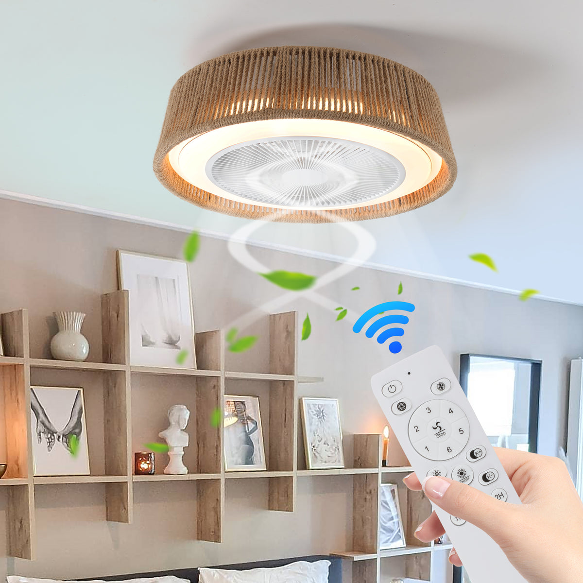 Ceiling Fan Light Bohemian Remote Control White Iron in a modern home interior