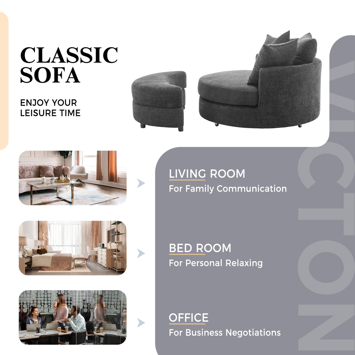 Additional product detail of Swivel Lounge Chair 360° Swivel & Headrest Gray Chenille