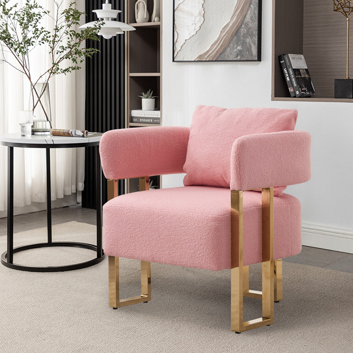 Accent Chair Set of 2 Pink Teddy Fleece in a modern living room