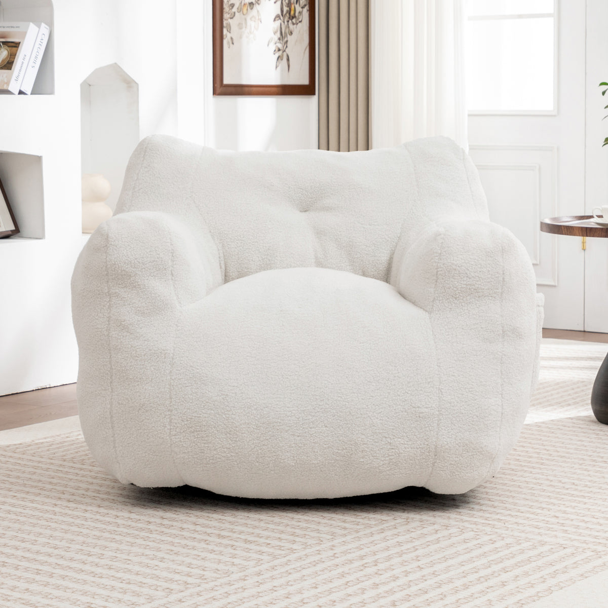 Bean Bag Chair Oversized Seating White Teddy Fabric in a modern living room