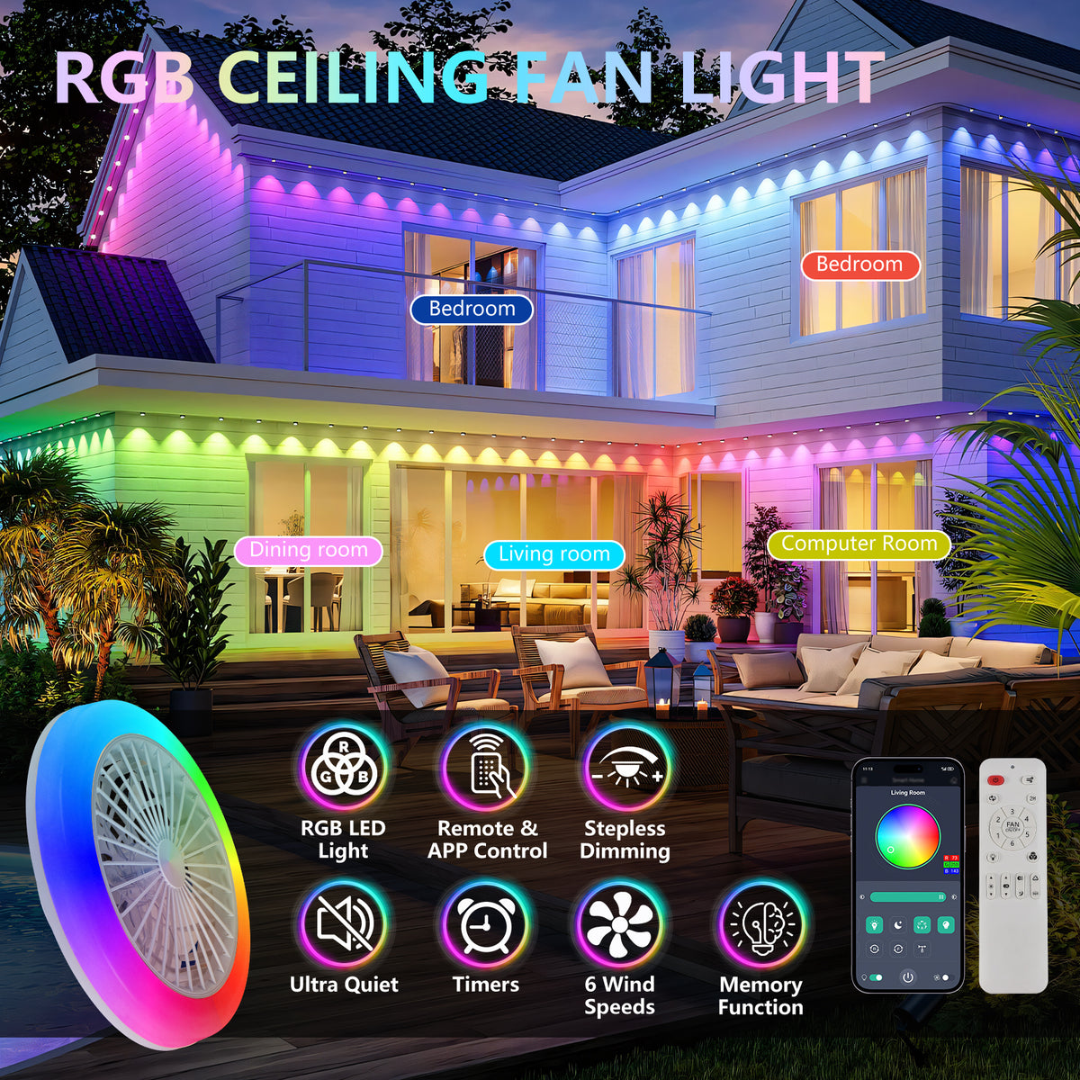 Additional view of Ceiling Fan Modern Remote & App Control White Iron