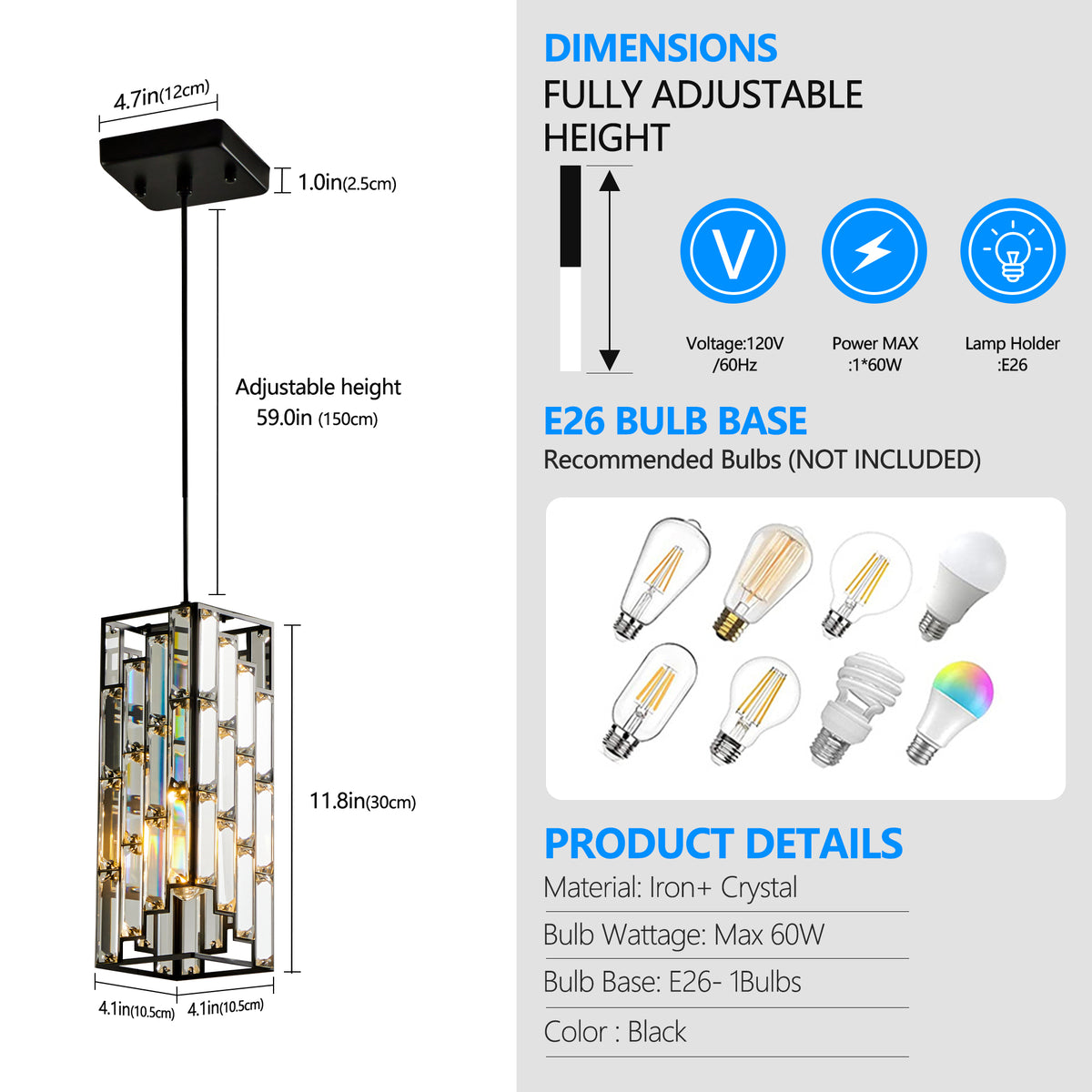 Design feature view of Pendant Light 3-Pack Crystal Set Black Crystal & Metal