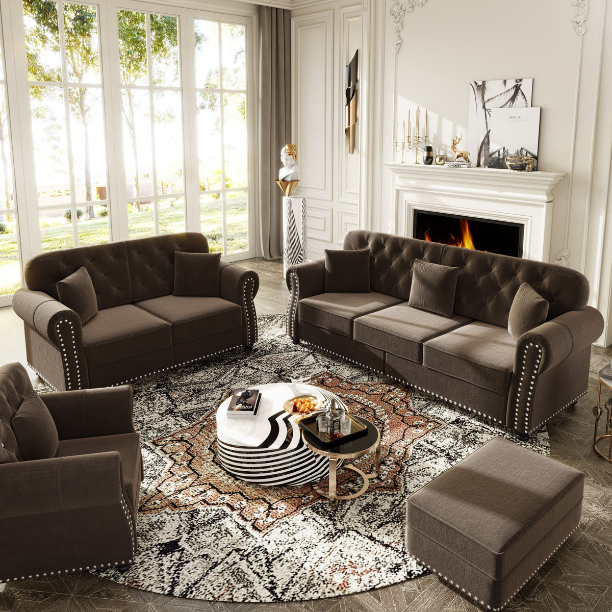 Sofa Chesterfield Cushioned Seating Brown Velvet 3-Seater in a modern living room