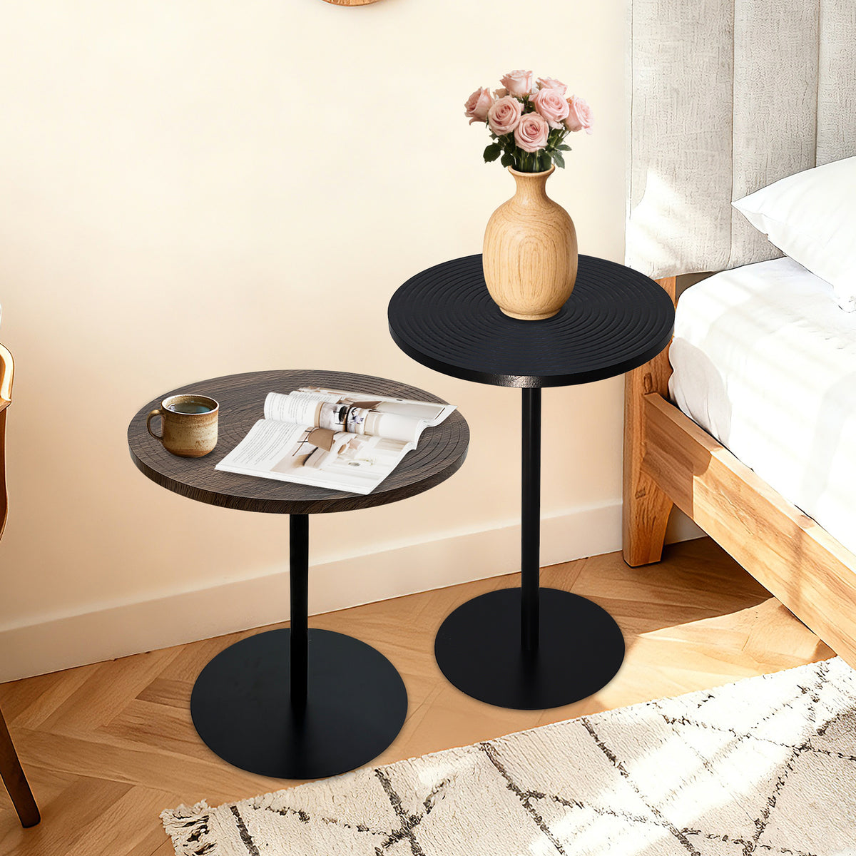 Side Table Set 2-Piece Nesting Tables Walnut & Black in a modern home interior