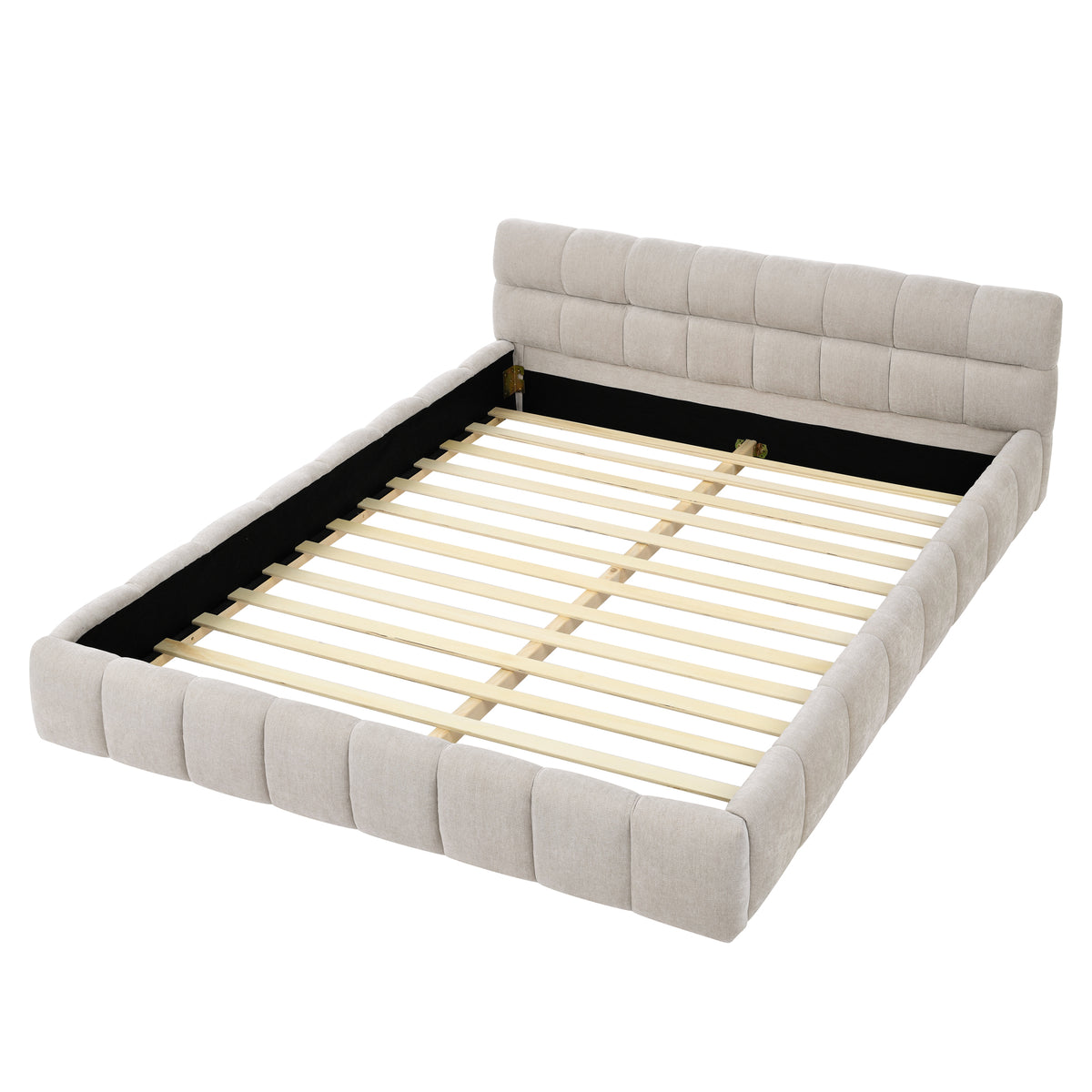 Full product view of Bed Frame Modern Supportive Frame Beige Chenille Queen Size
