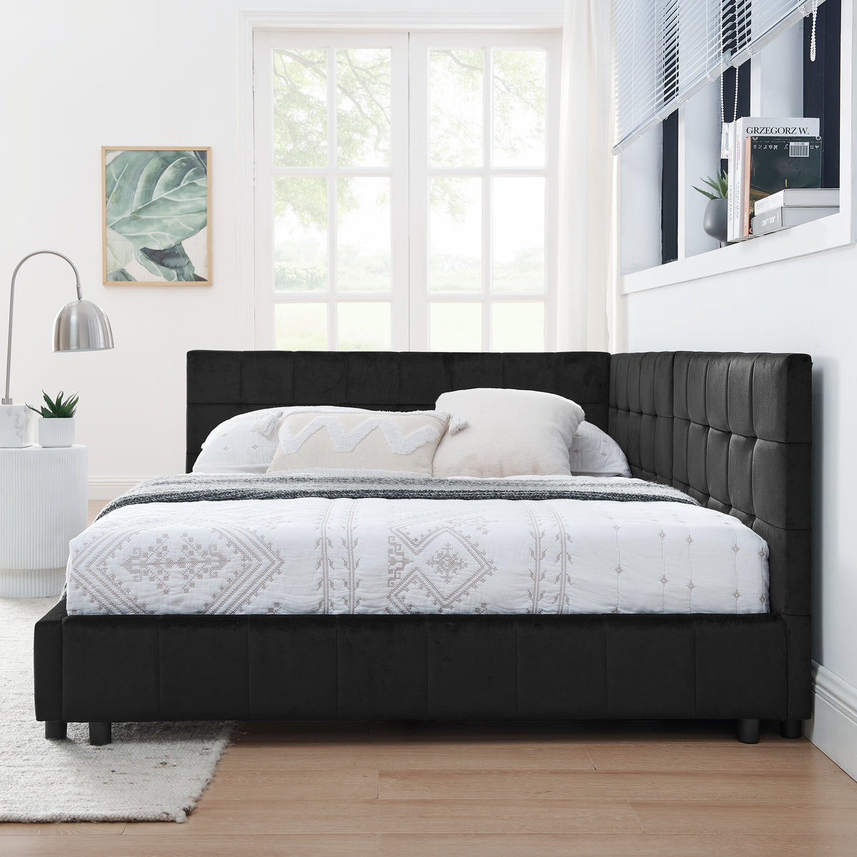 Close-up detail of Bed Frame Modern Supportive Frame Black Velvet Full Size