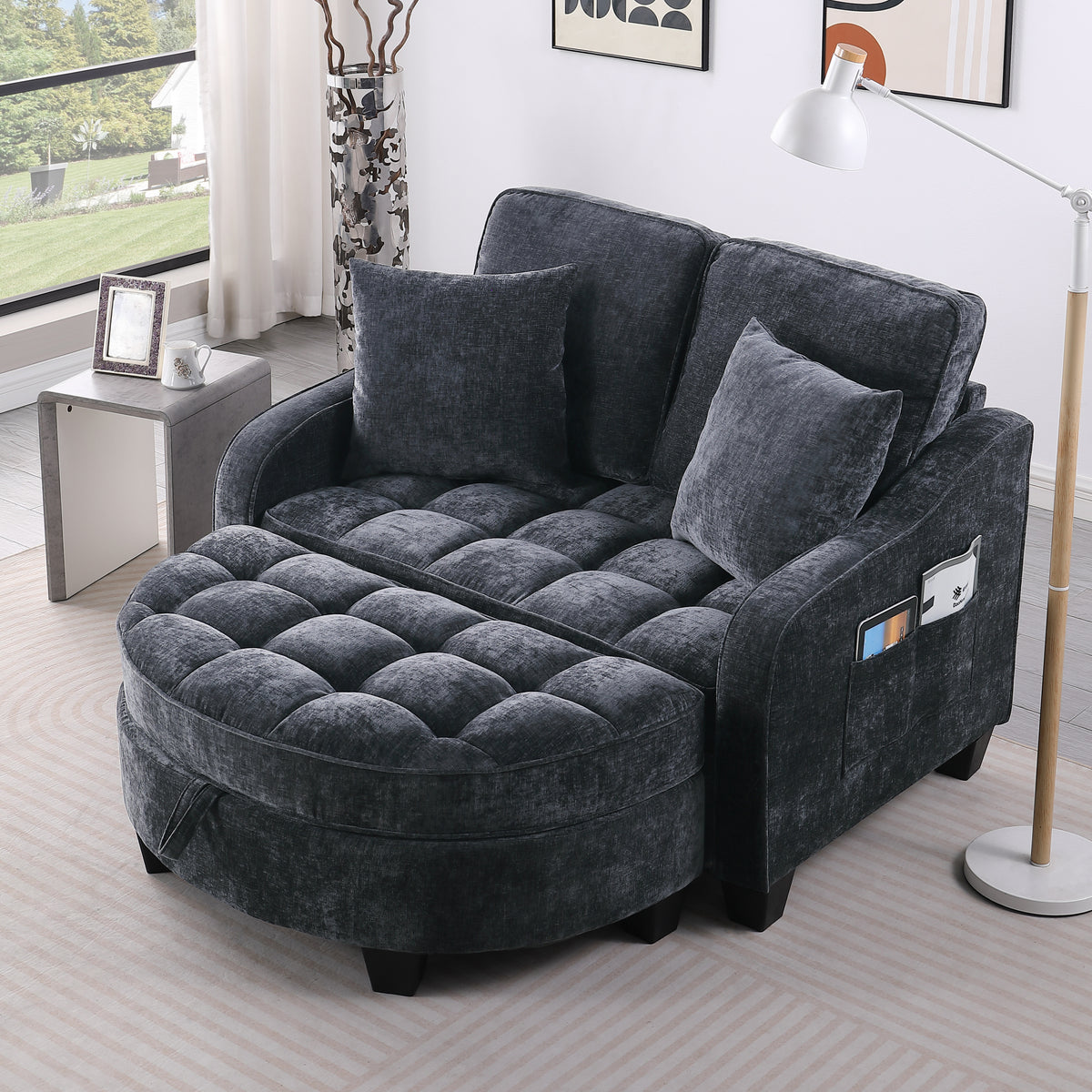 Loveseat Sofa Cushioned Seating Black Corduroy 2-Seater in a modern living room