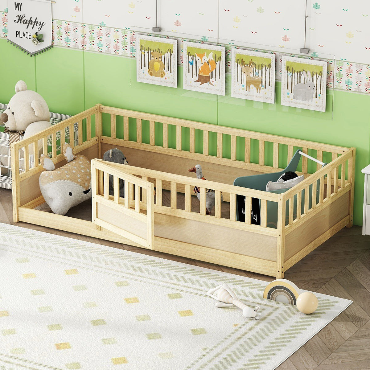 Design feature view of Bed Frame High Safety Barrier & Door Natural Wood Pine Twin Size