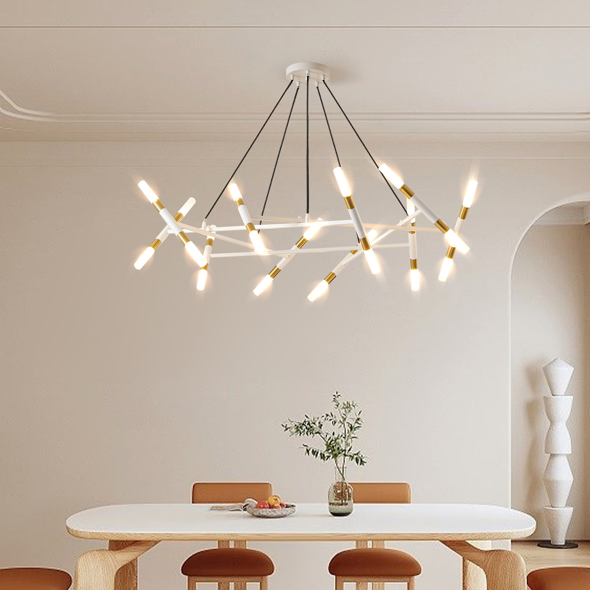 Chandelier Branch Frosted-Tube Design White & Gold Iron in a modern home interior
