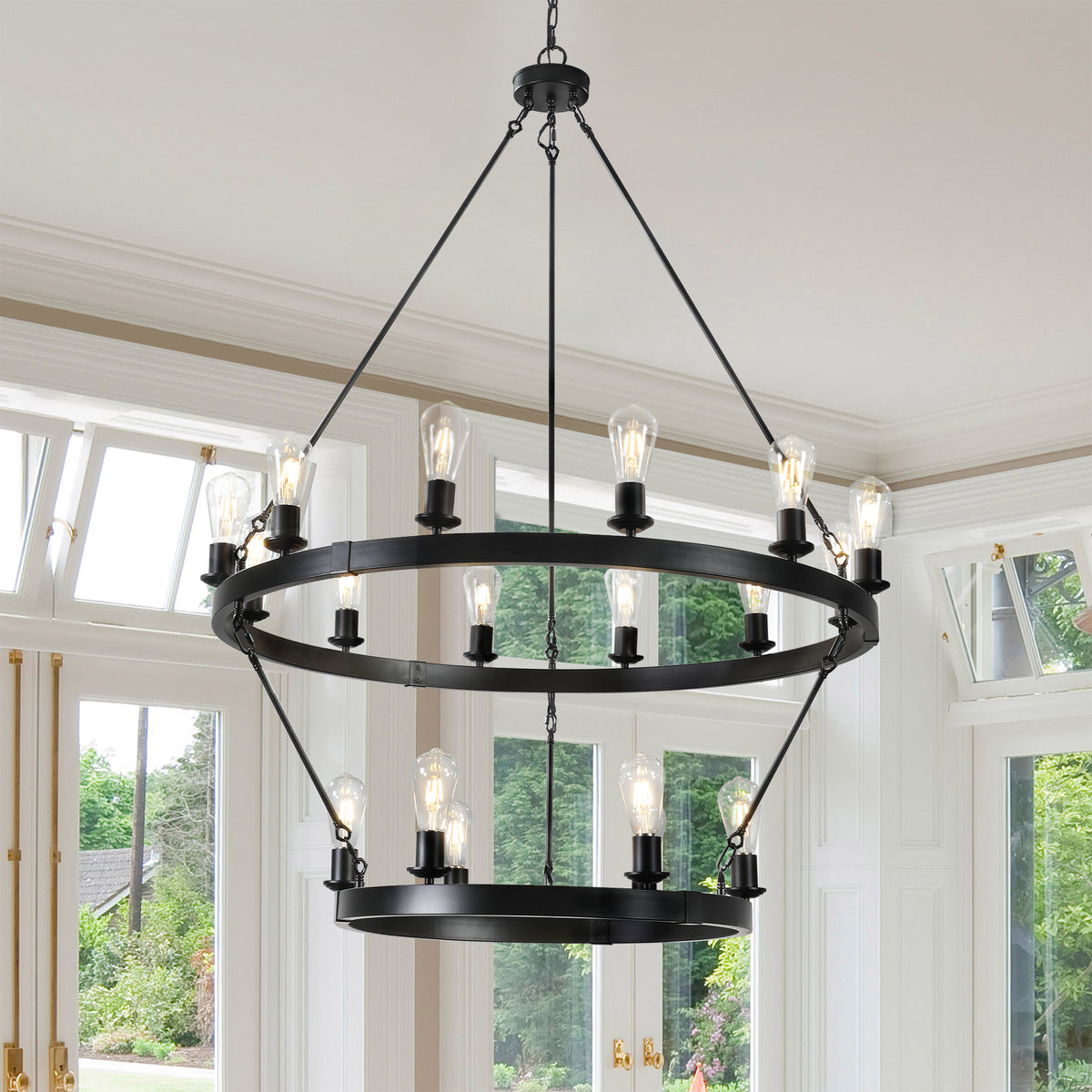 Chandelier Retro 2-Tier Circular Design Black Iron in a modern home interior