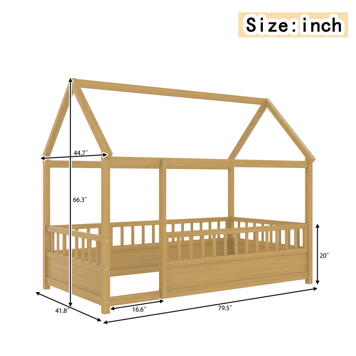 Design feature view of Bed Frame House Roof & Guardrails Natural Wood Twin Size