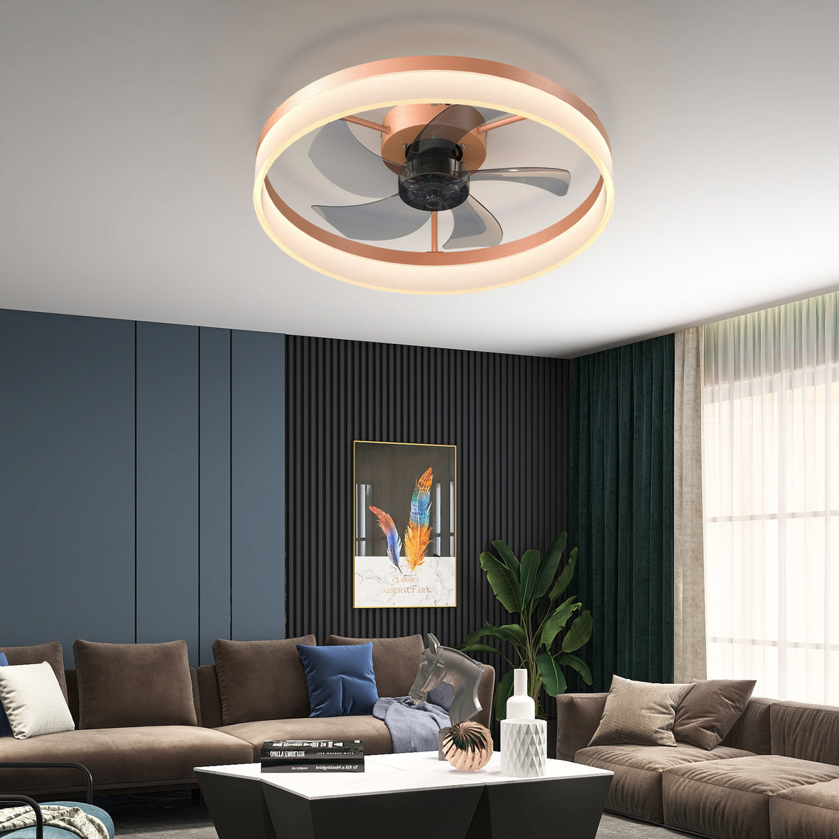 Ceiling Fan Modern Dimmable LED Rose Gold ABS in a modern home interior