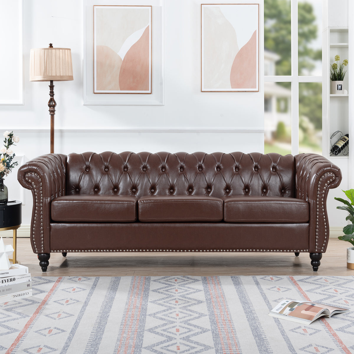 Close-up detail of Sofa Chesterfield Cushioned Seating Dark Brown PU Leather 3-Seater