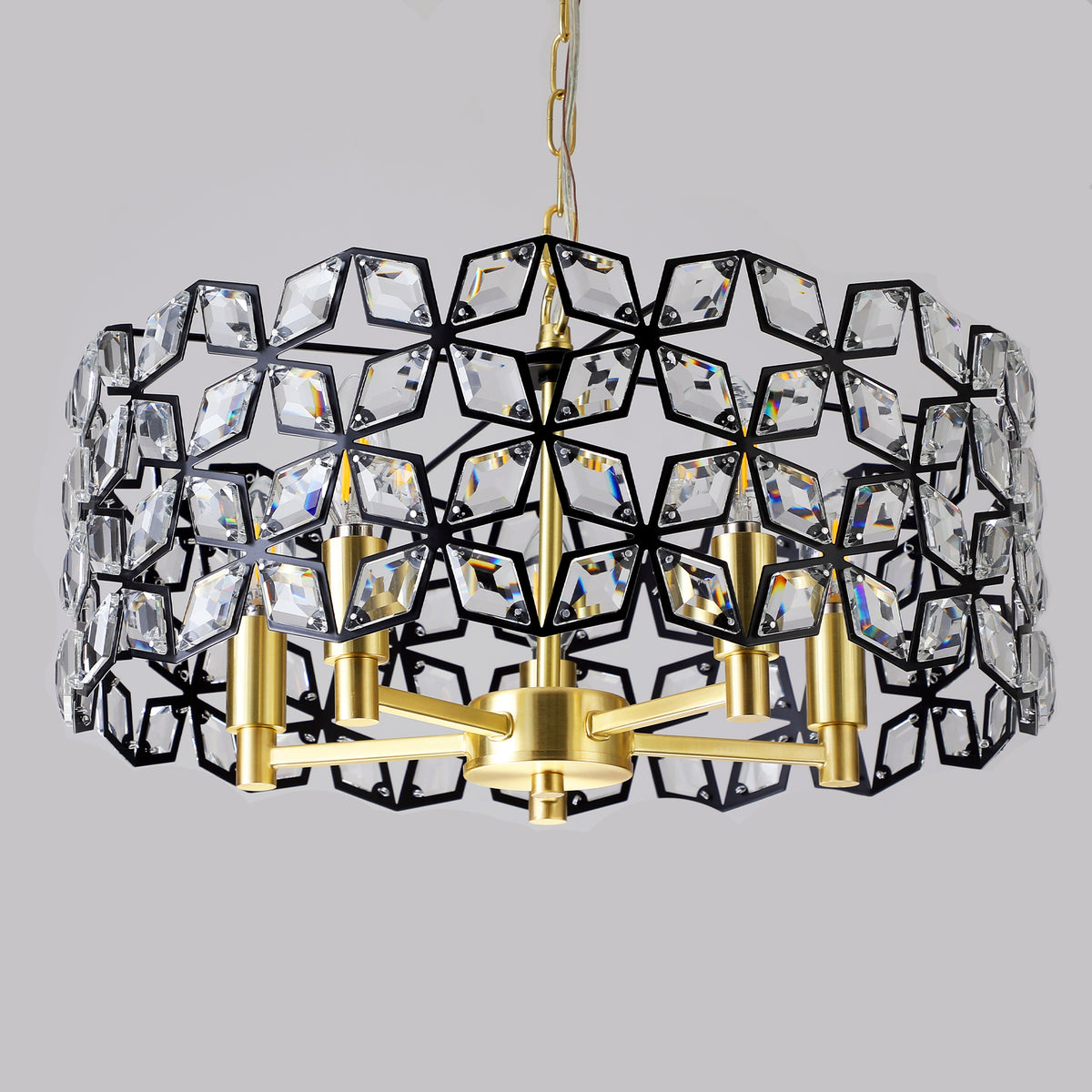 Construction and detail view of Pendant Chandelier 5-Light Crystal Black & Gold Crystal & Metal