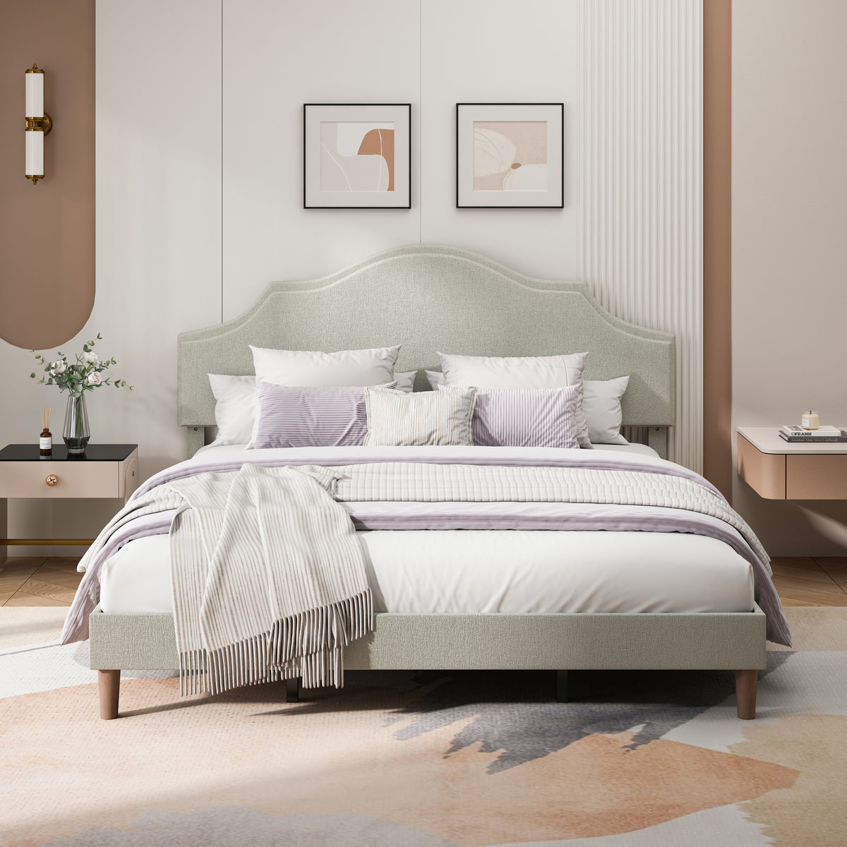 Full product view of Platform Bed Frame Adjustable Headboard Beige Linen King Size
