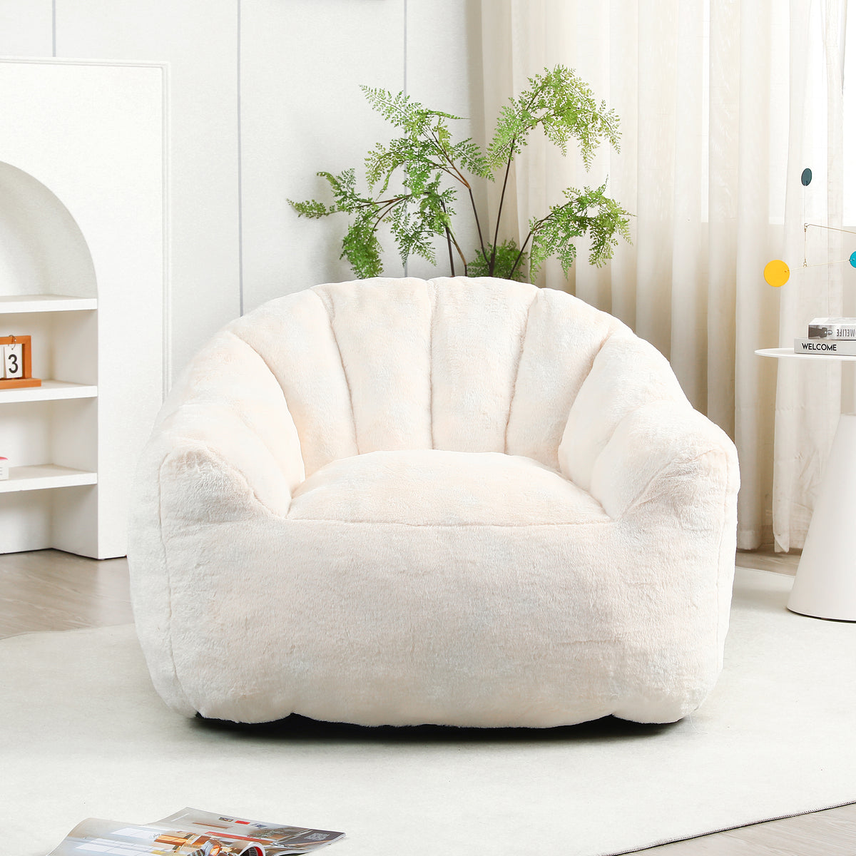 Close-up detail of Bean Bag Chair Armrests & High-Density Foam White Faux Fur