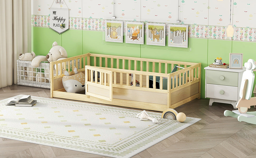 Construction and detail view of Bed Frame High Safety Barrier & Door Natural Wood Pine Twin Size