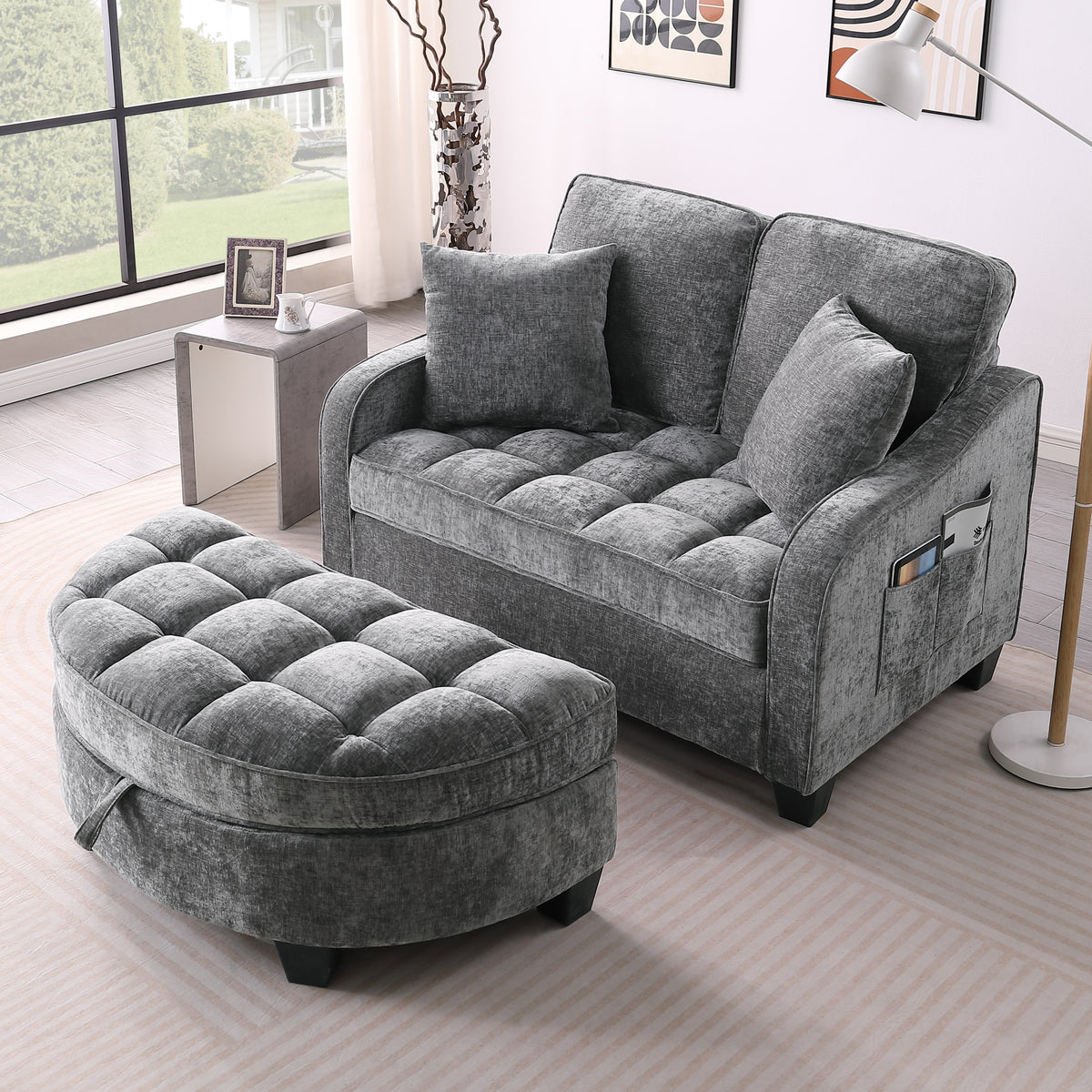 Alternate angle of Loveseat Sofa Modern Storage Chaise Gray Corduroy 2-Seater