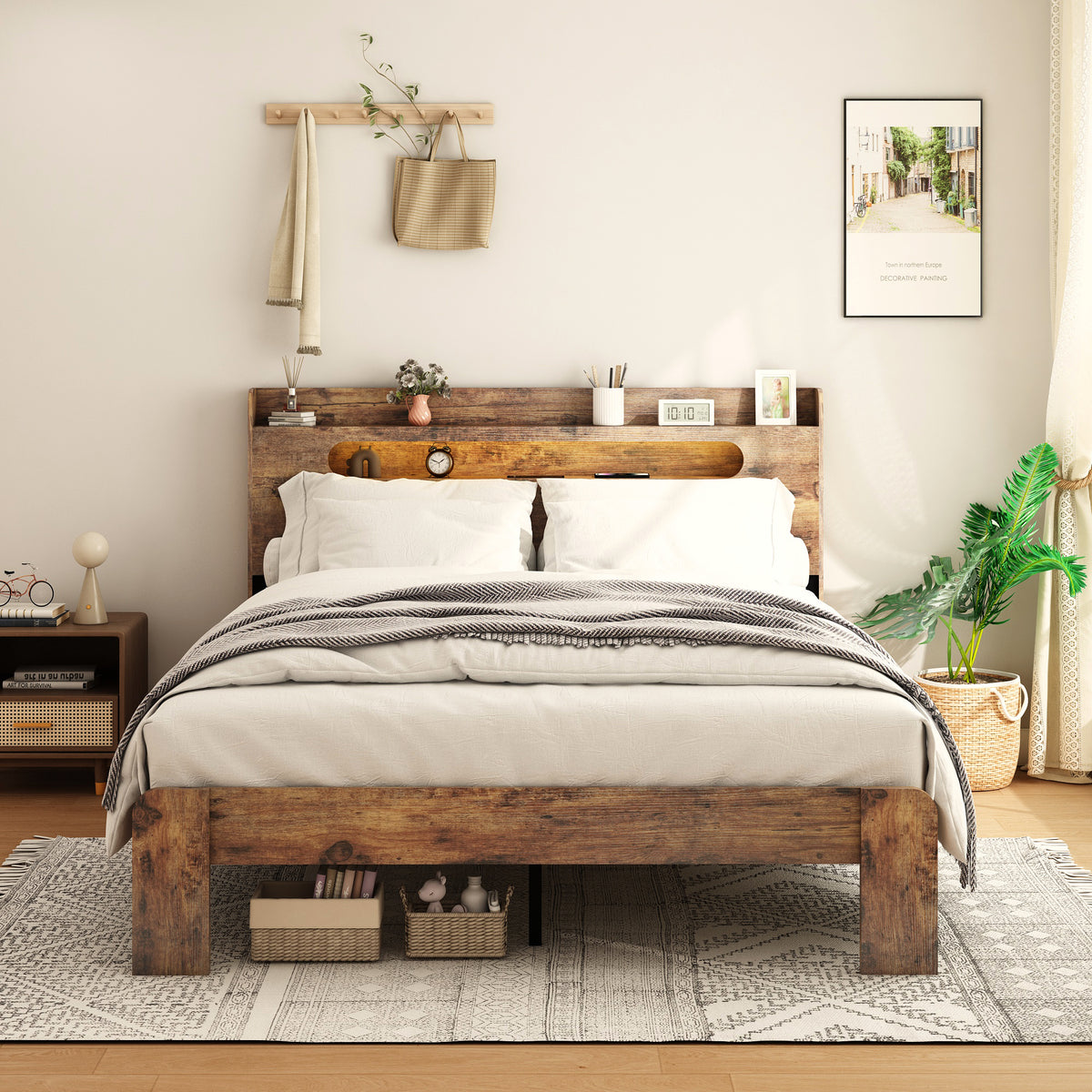 Platform Bed Frame LED Storage Headboard Dark Brown Wood King Size in a modern bedroom
