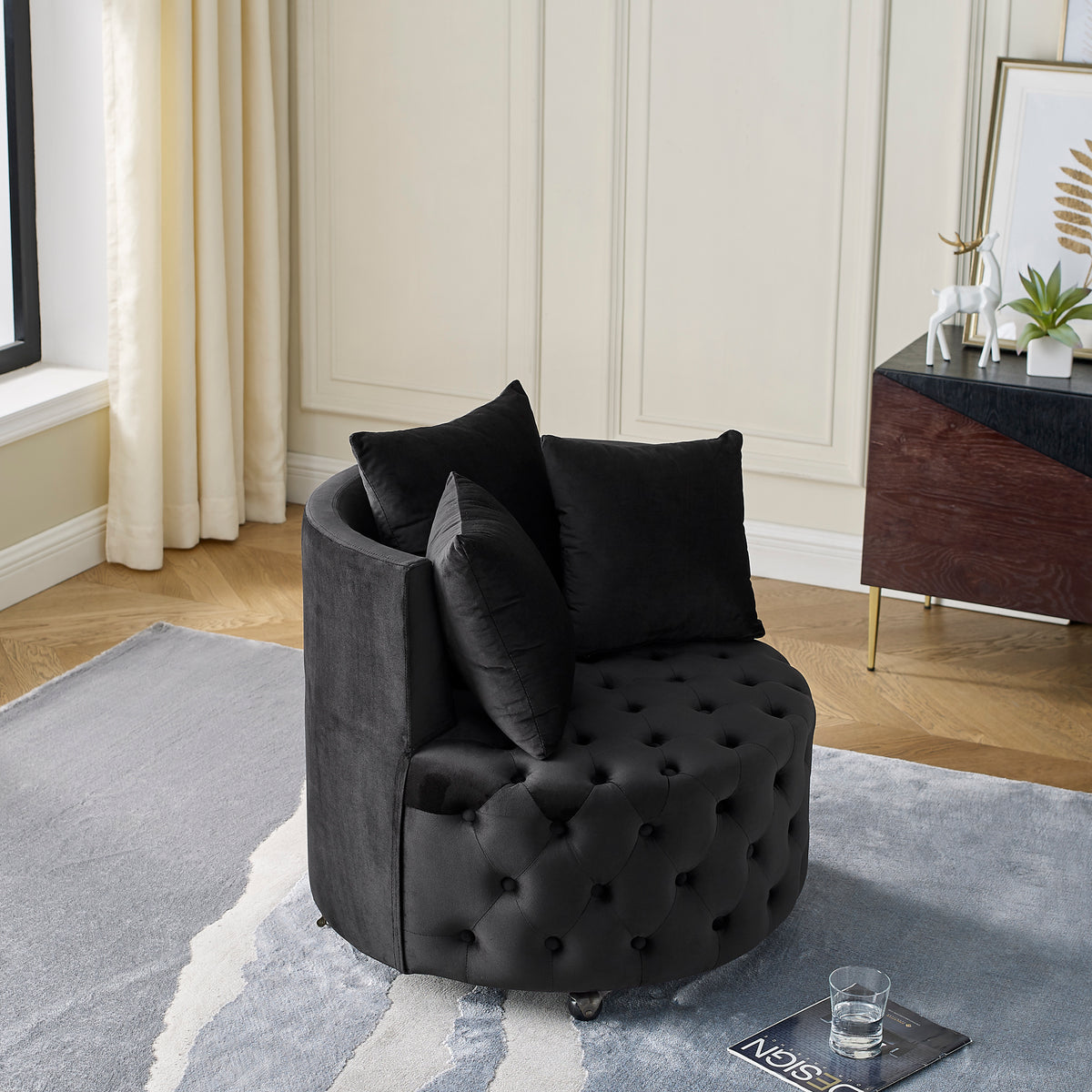 Design feature view of Accent Chair Modern Glam Tufted Swivel & Wheels Black Velvet