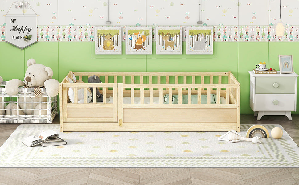 Alternate angle of Bed Frame High Safety Barrier & Door Natural Wood Pine Twin Size