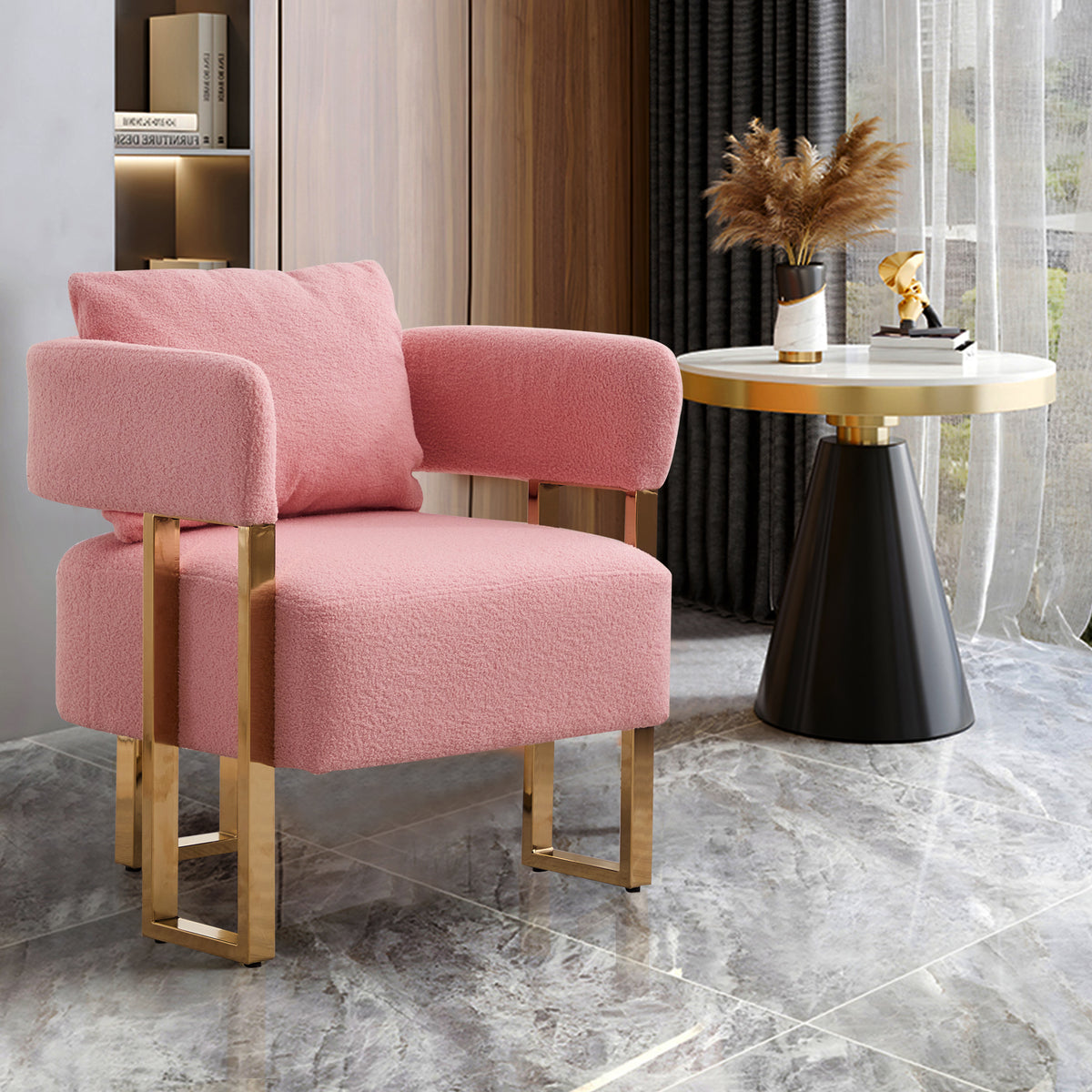 Construction and detail view of Accent Chair Set of 2 Pink Teddy Fleece