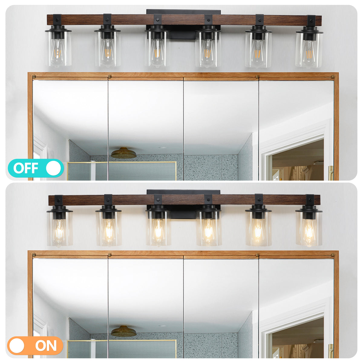 Design feature view of Vanity Light Industrial 6-Light Glass Shades Walnut Glass