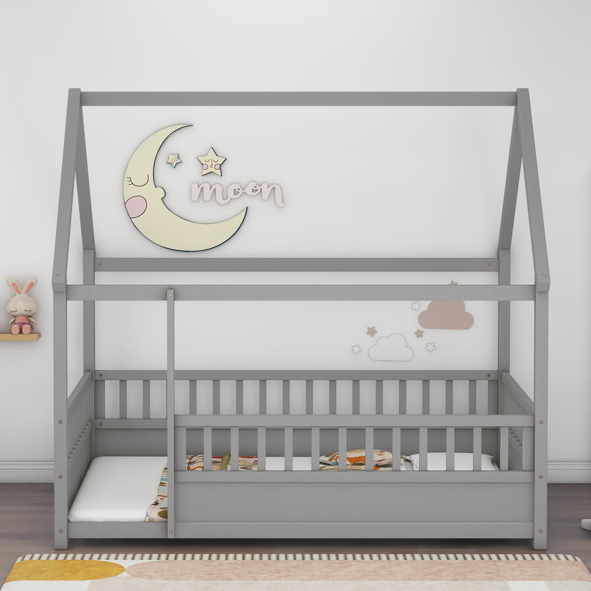 Bed Frame Modern House Roof & Guardrails Gray Wood Full Size in a modern bedroom