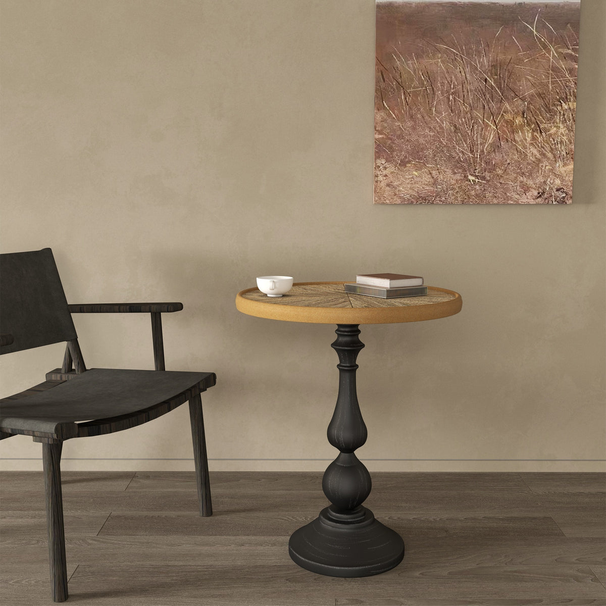 Coffee Table French Country Pedestal Base Natural Wood in a modern home interior