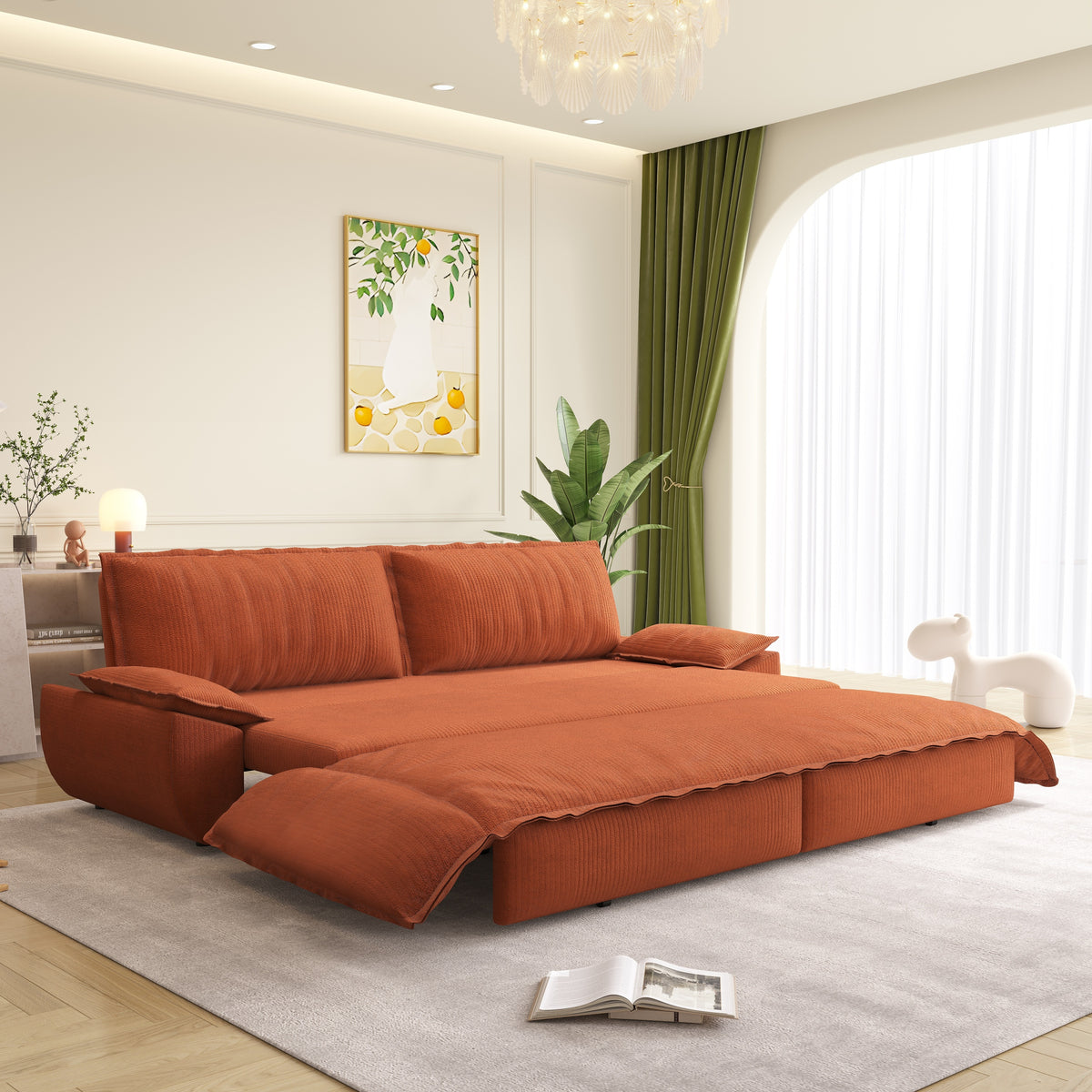 Close-up detail of Sofa Bed Pull-Out Sleeper Orange Corduroy