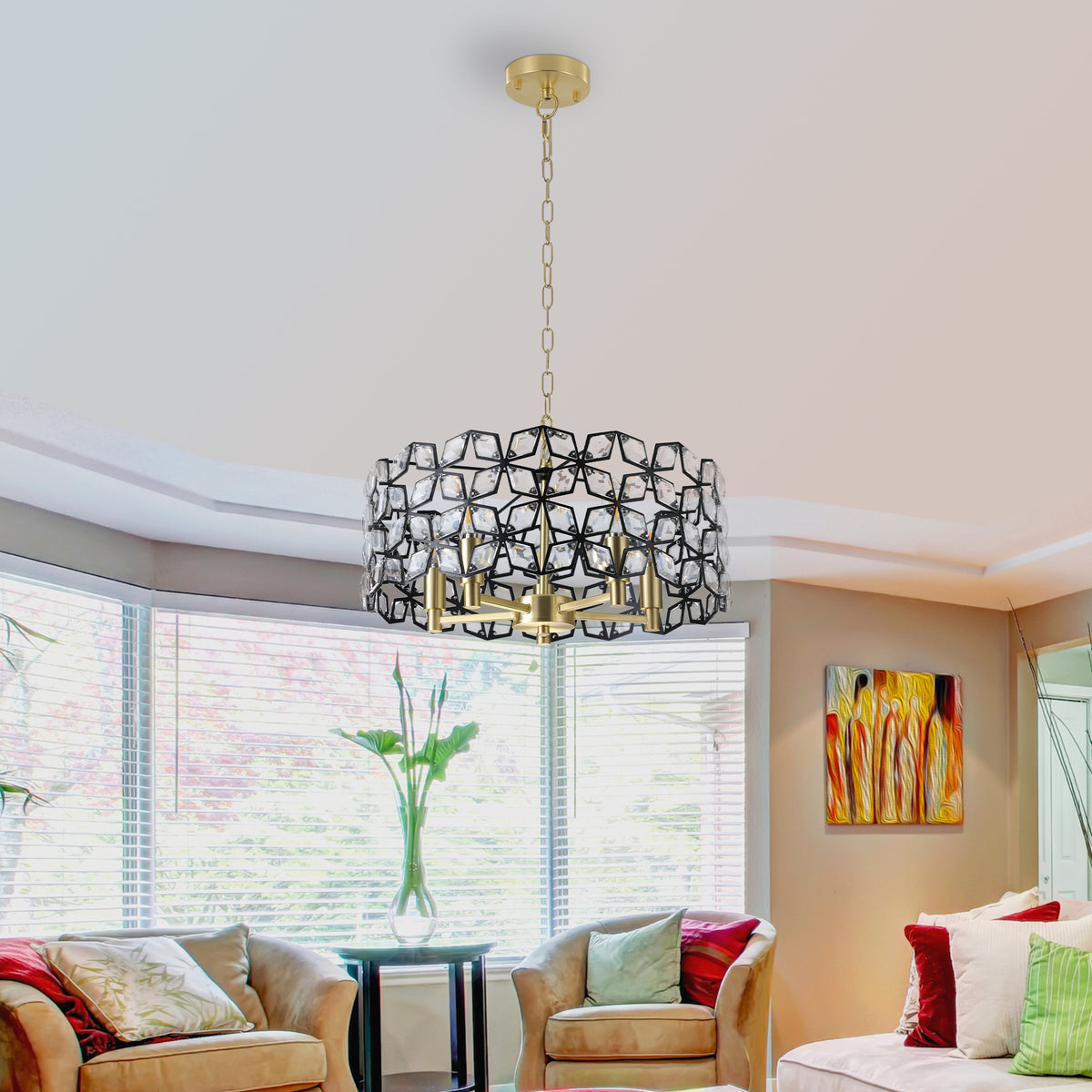 Pendant Chandelier 5-Light Crystal Black & Gold Crystal & Metal in a modern home interior