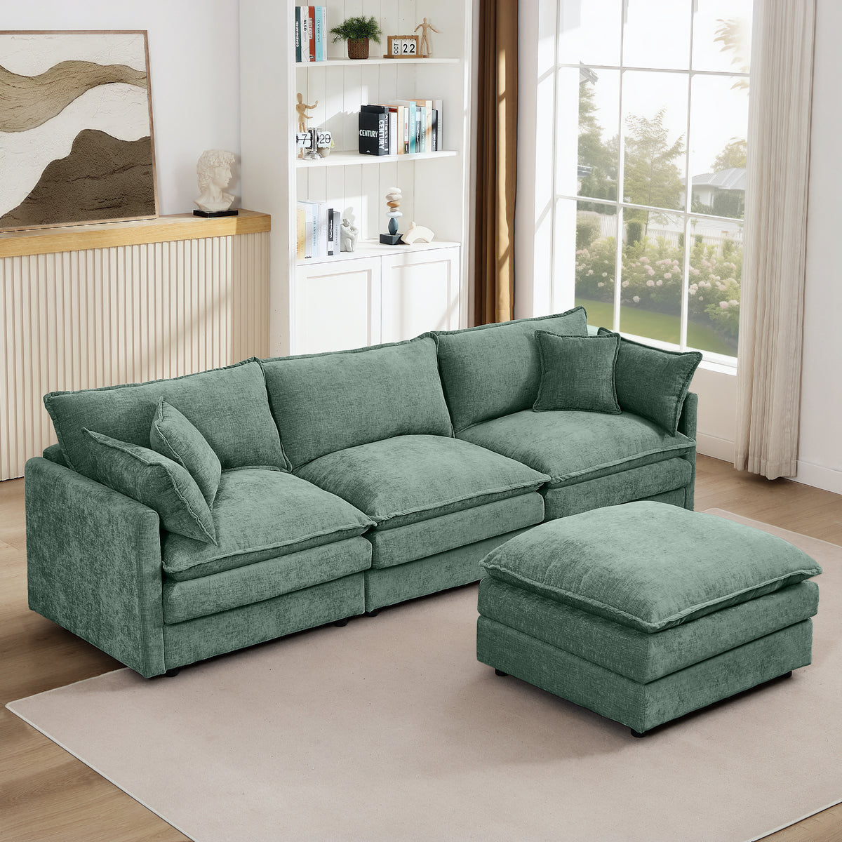 Alternate angle of Sectional Sofa Modular with Ottoman Green Chenille