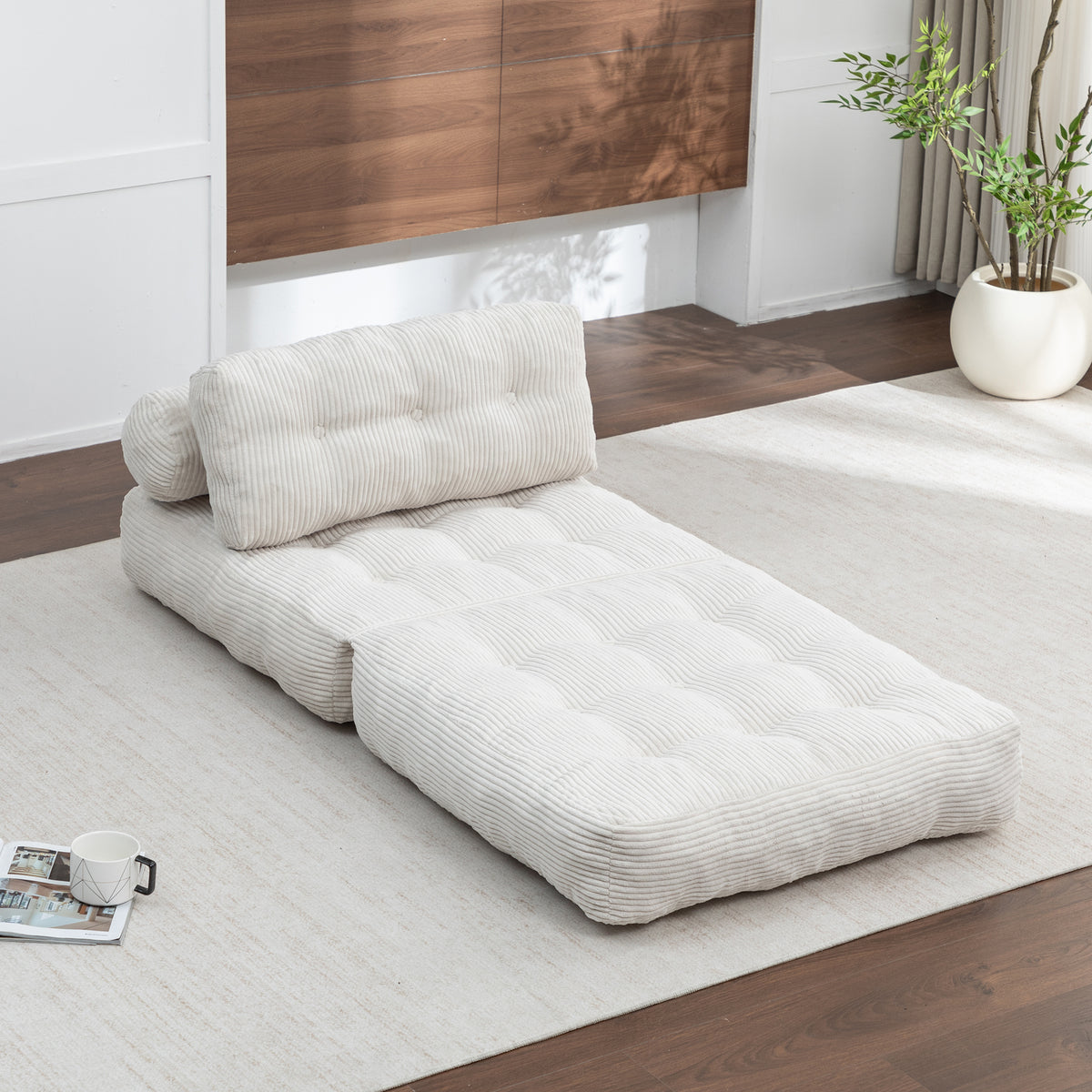 Additional view of Sofa Bed Folding Sleeper with Headrest & Lumbar Pillow Beige Corduroy
