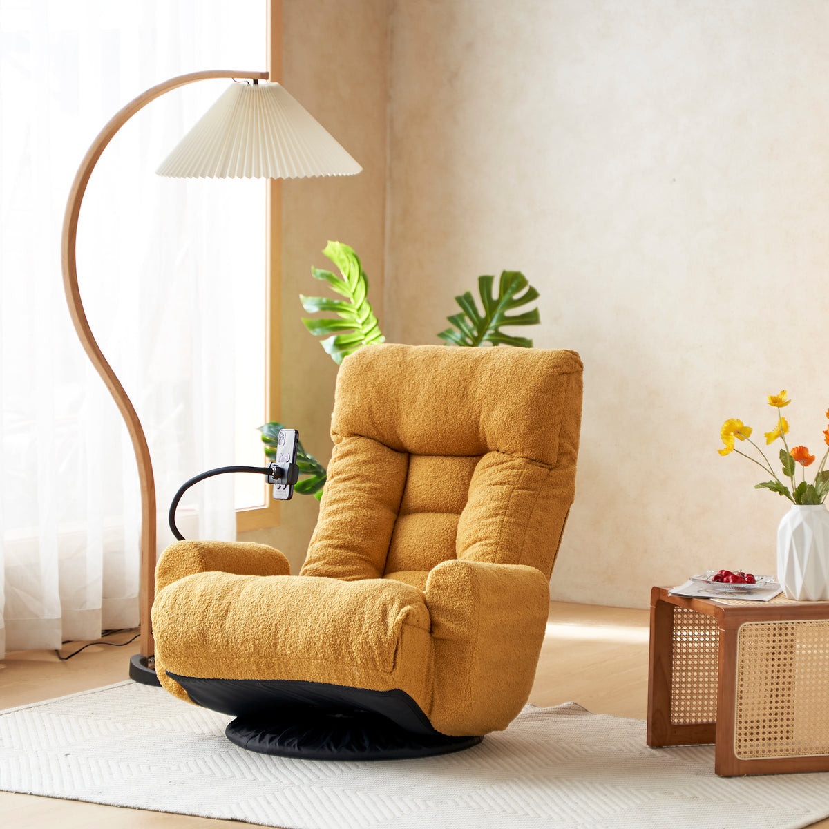 Swivel Lounge Chair 360° Swivel & Headrest Yellow Metal in a modern living room