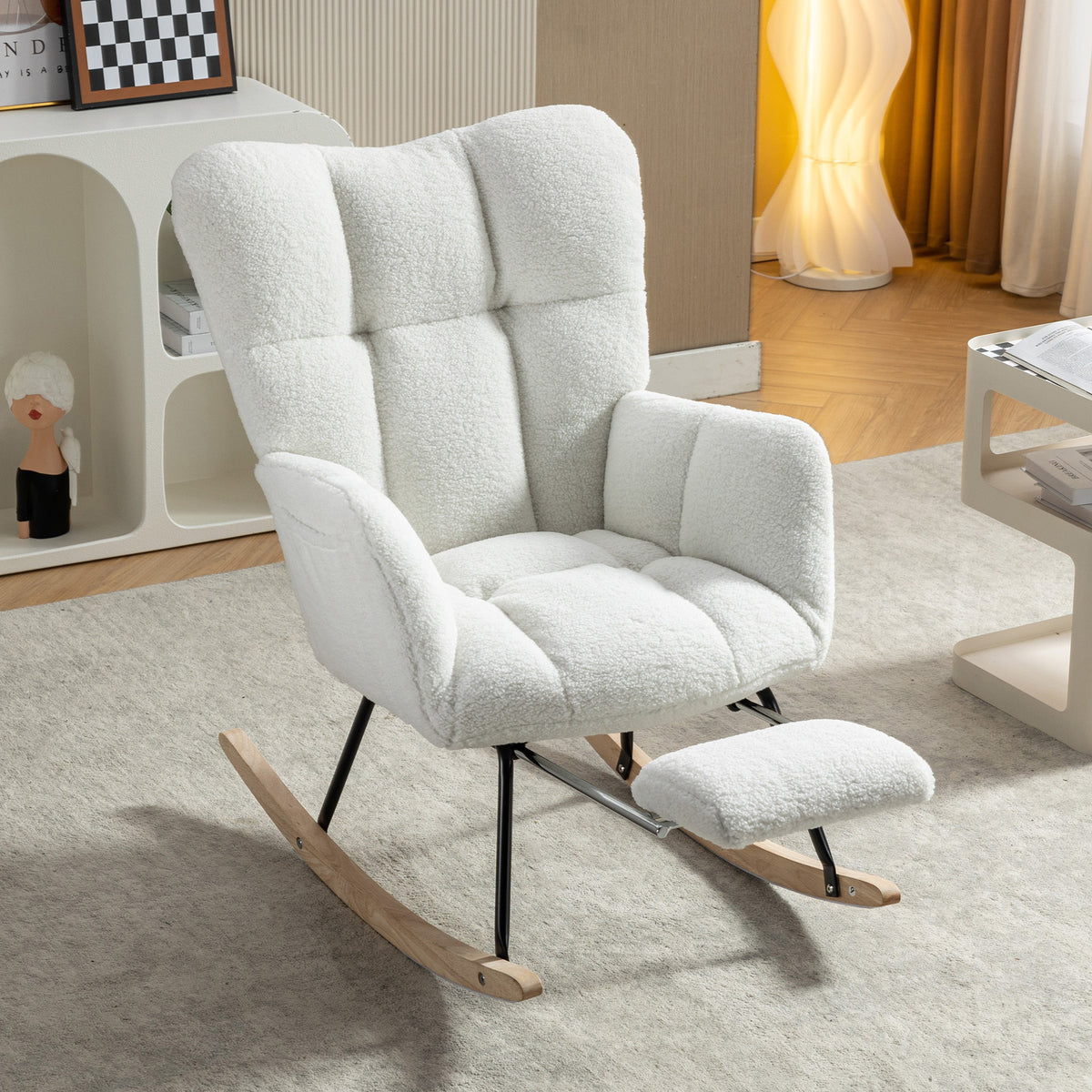 Additional view of Rocking Chair Adjustable Footstool Ivory Teddy Fabric