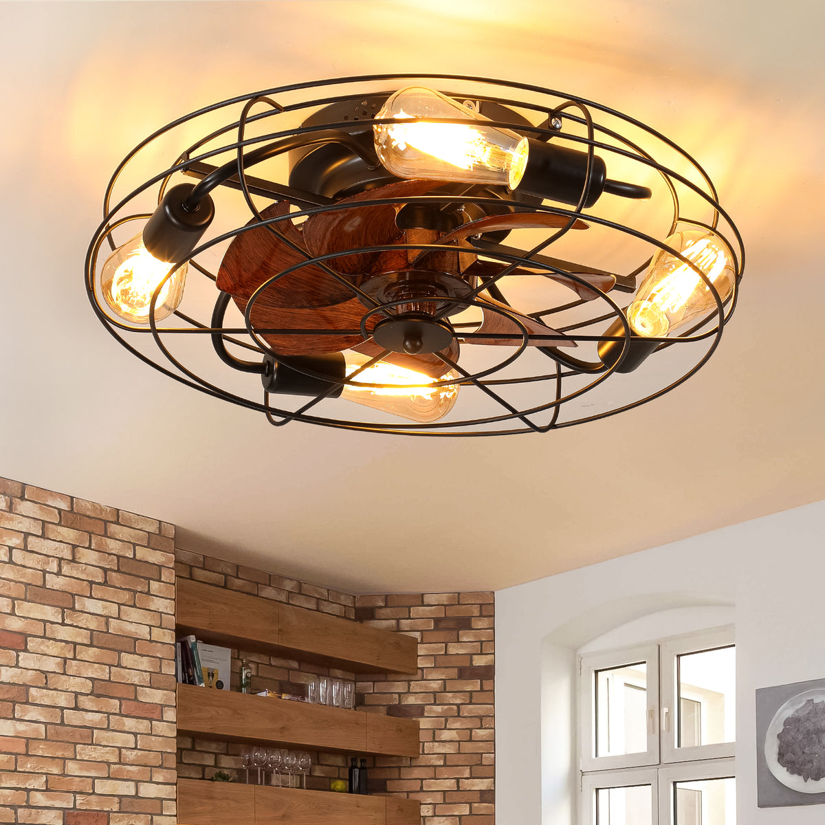 Ceiling Fan Light Farmhouse Remote Control Black Iron in a modern home interior