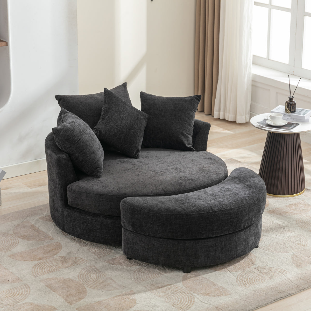 Swivel Lounge Chair 360° Swivel & Headrest Gray Chenille in a modern living room