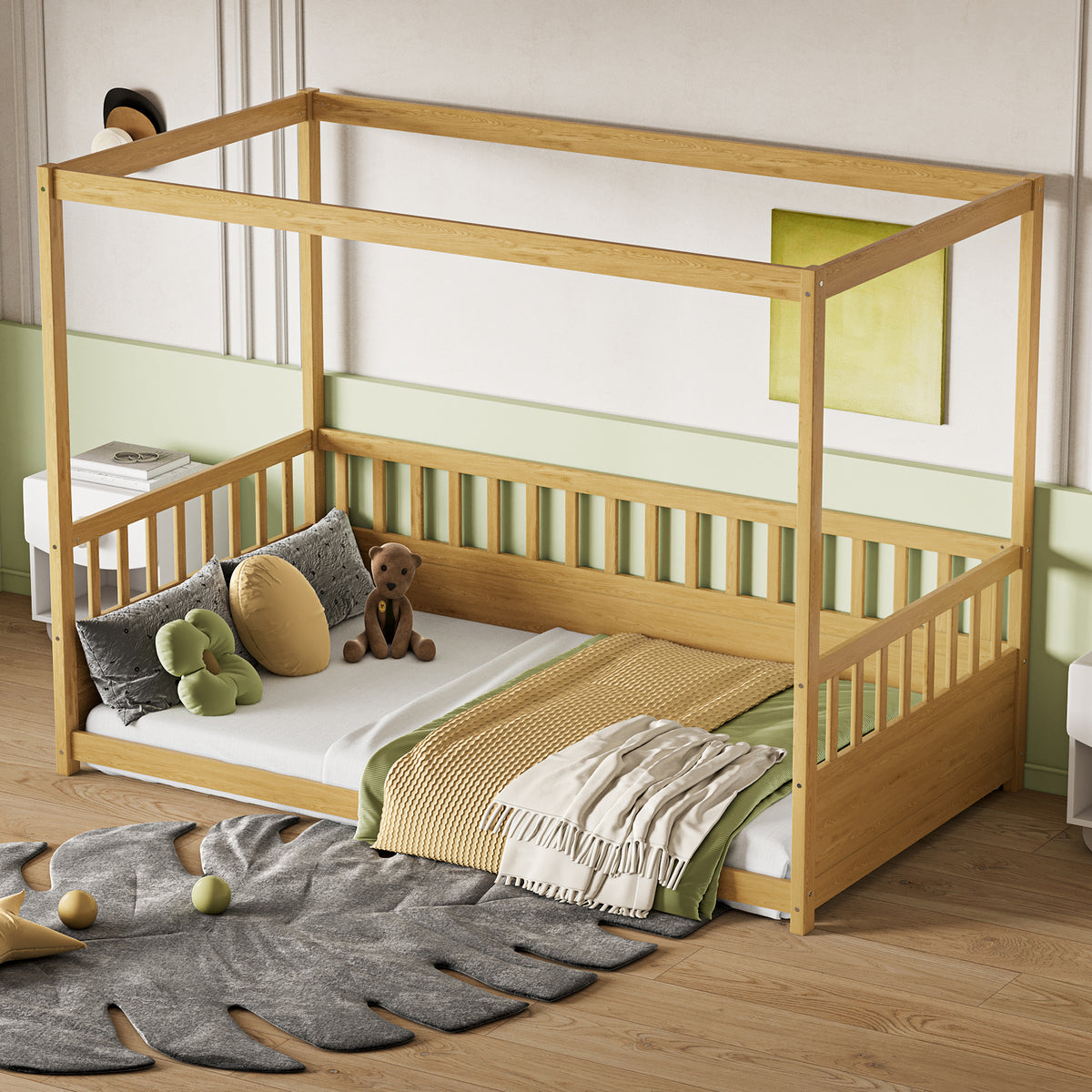Full product view of Canopy Bed Modern Guardrails Natural Wood Pine Twin Size