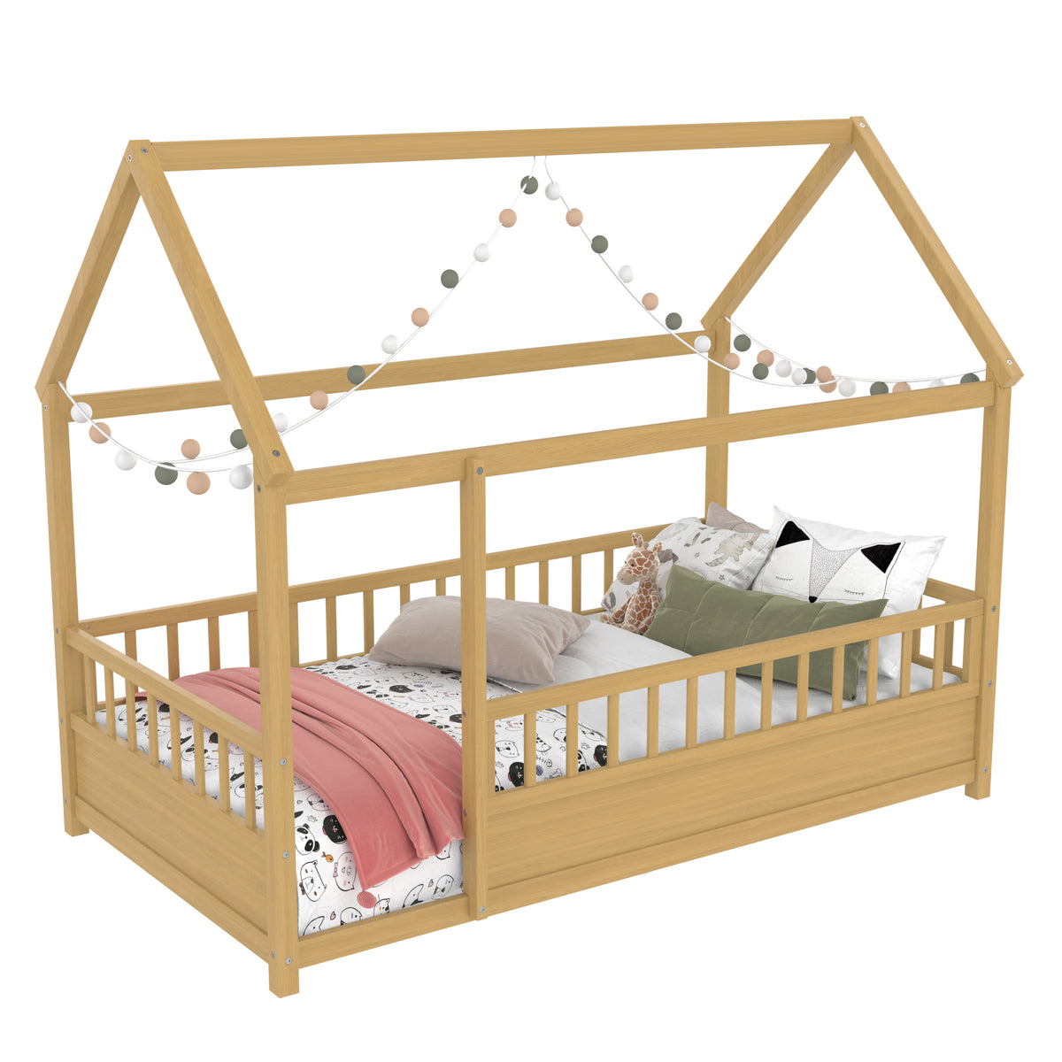 Close-up detail of Bed Frame House Roof & Guardrails Natural Wood Twin Size