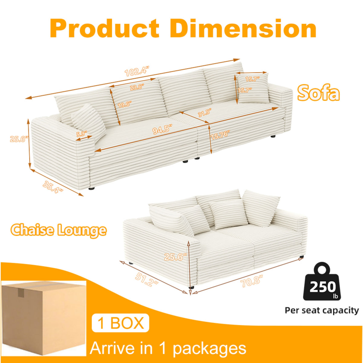 Alternate angle of Sofa Modern Cushioned Seating Beige Corduroy 4-Seater