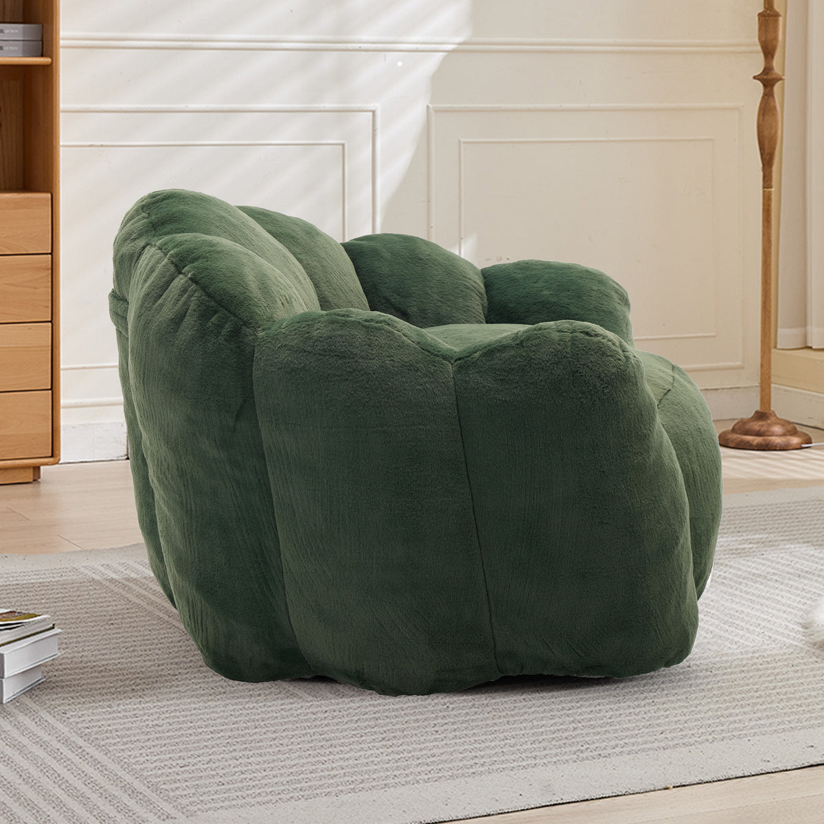 Construction and detail view of Bean Bag Chair Compressed Foam Green Faux Fur