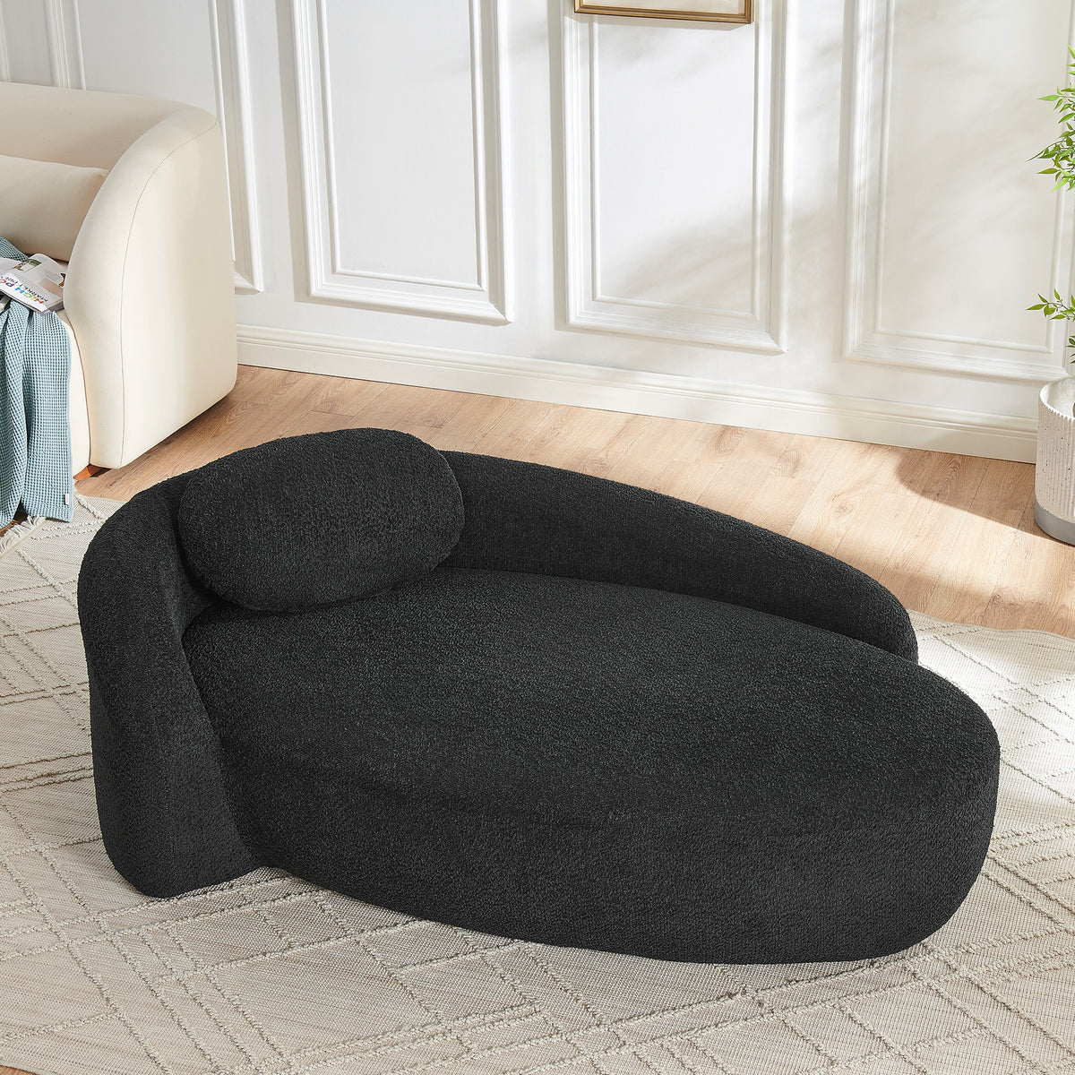 Full product view of Accent Chair Backrest & Pillow Black Bouclé Fabric 1-Seater