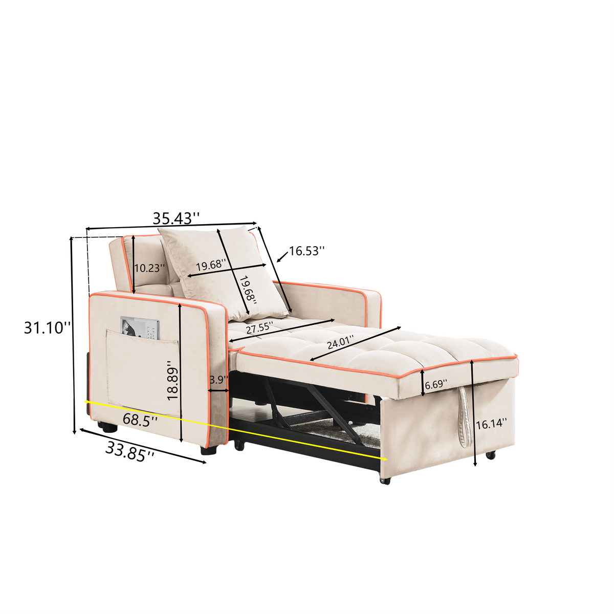 Alternate angle of Sofa Bed 3-in-1 Folding Sleeper Creamy White Velvet