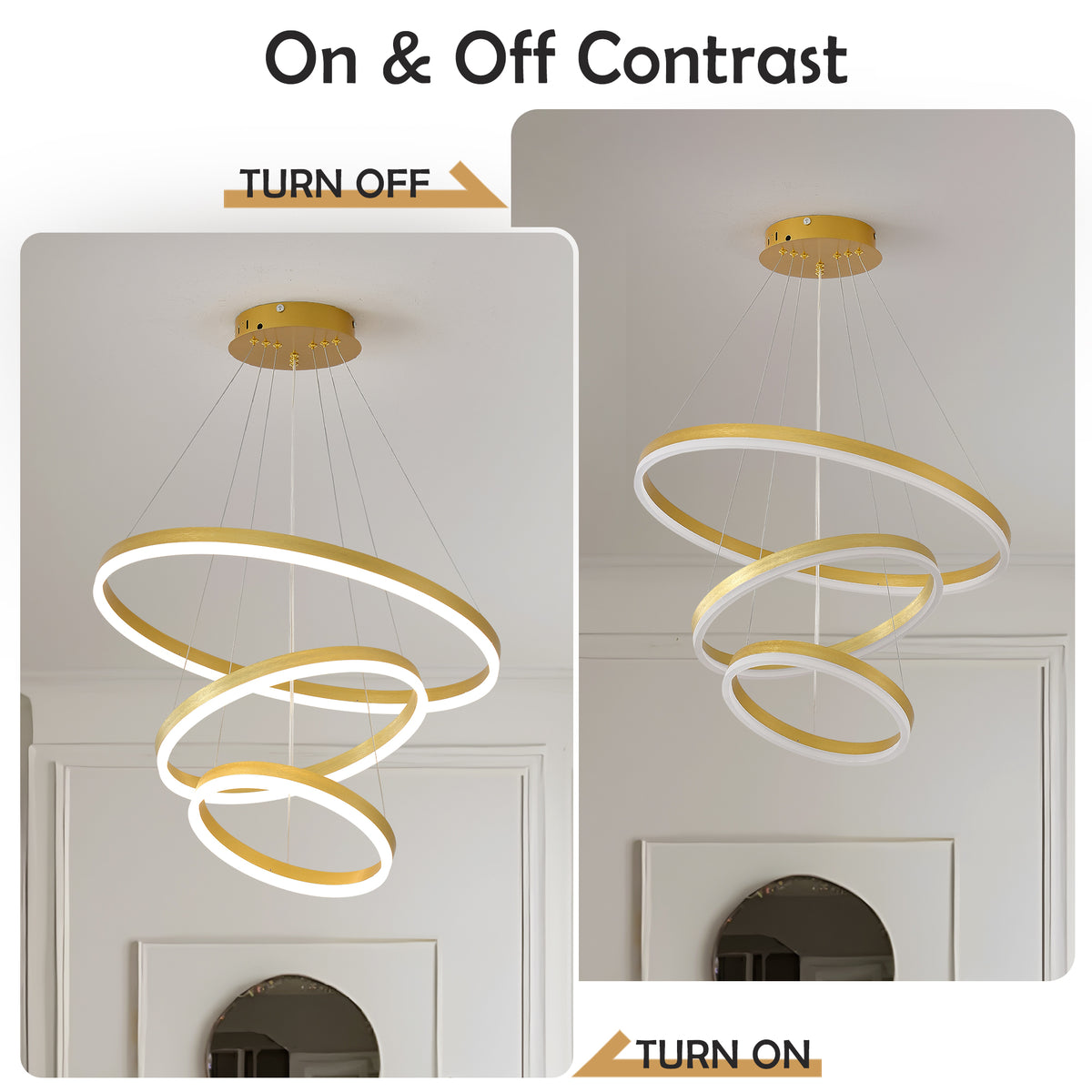 Construction and detail view of Chandelier 3-Ring Dimmable LED Gold Acrylic & Aluminum