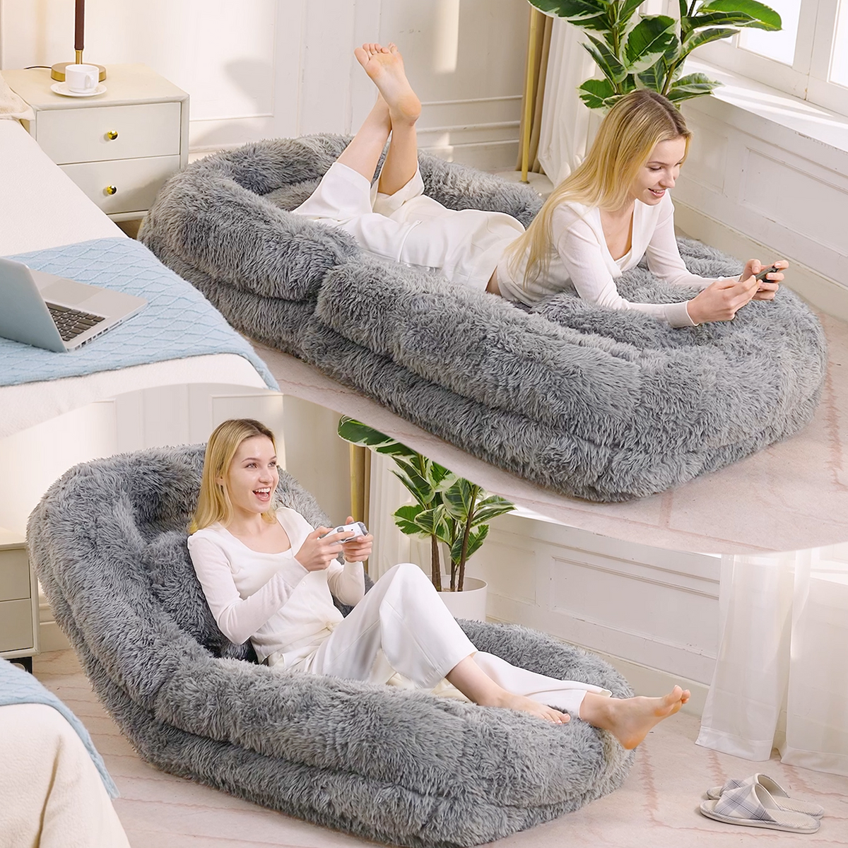Floor Lounge Chair 5-Position Adjustable Gray Polyester in a modern living room