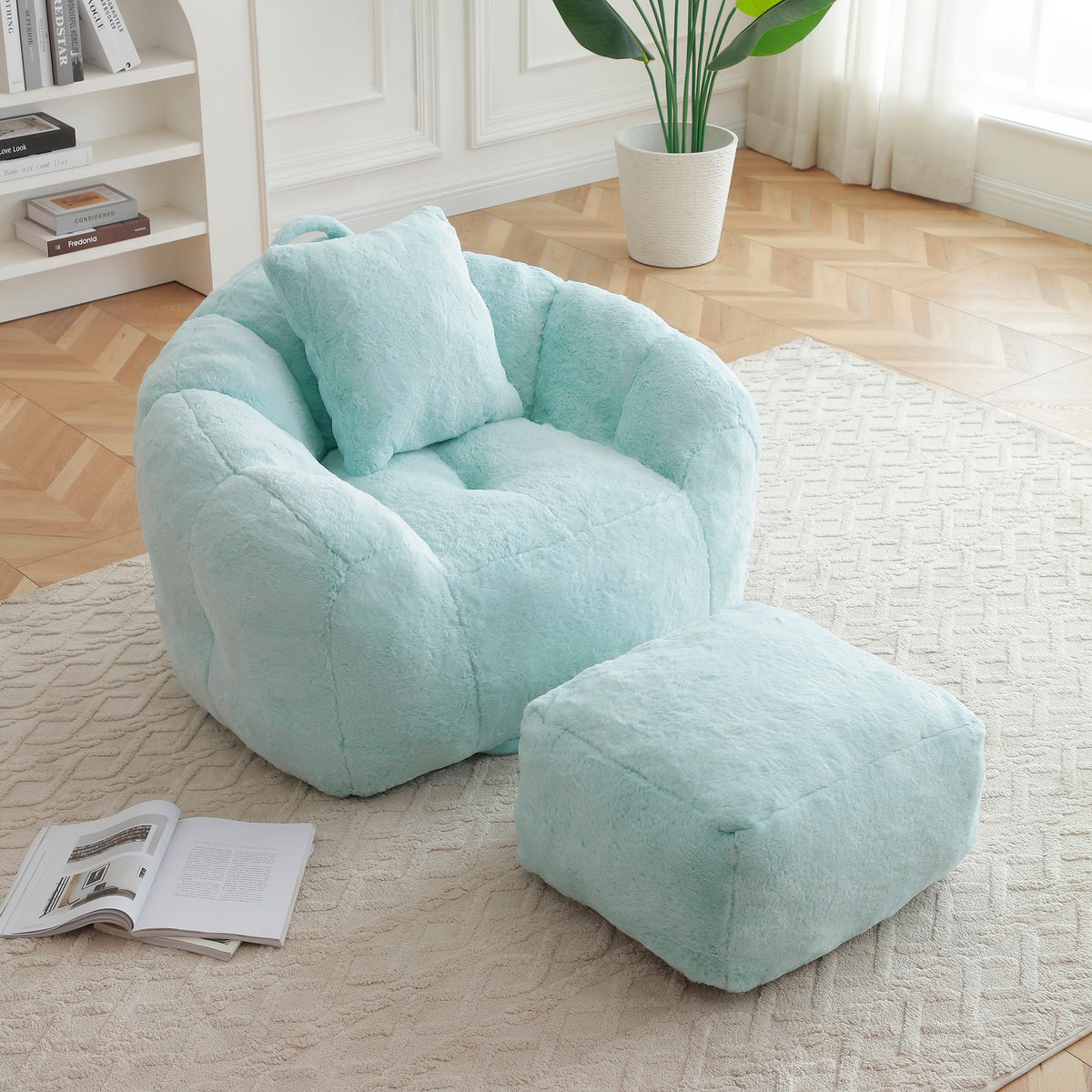 Full product view of Bean Bag Chair Footstool Included Light Blue Faux Fur