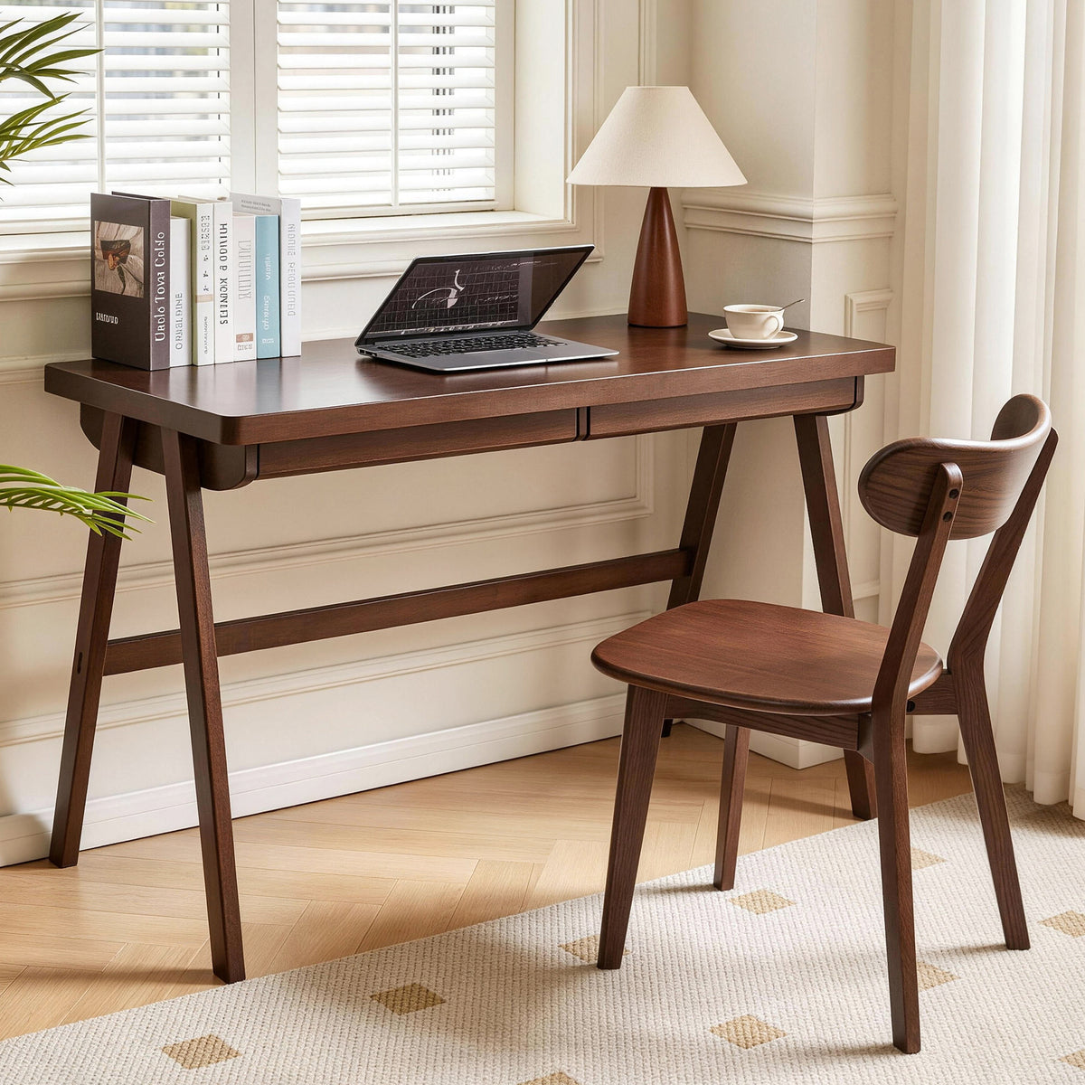 Full product view of Computer Desk Storage Drawer Walnut Solid Rubber Wood
