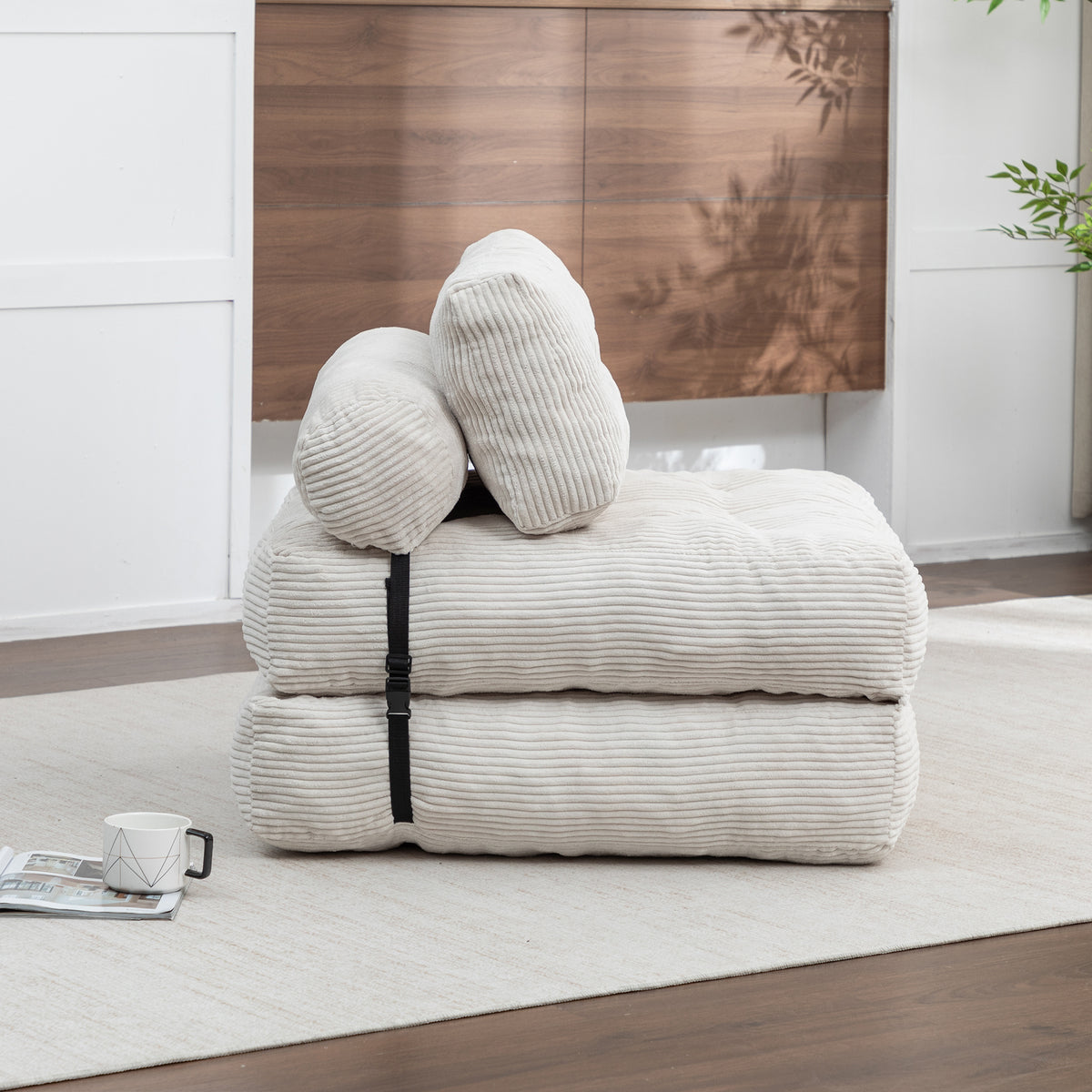 Close-up detail of Sofa Bed Folding Sleeper with Headrest & Lumbar Pillow Beige Corduroy