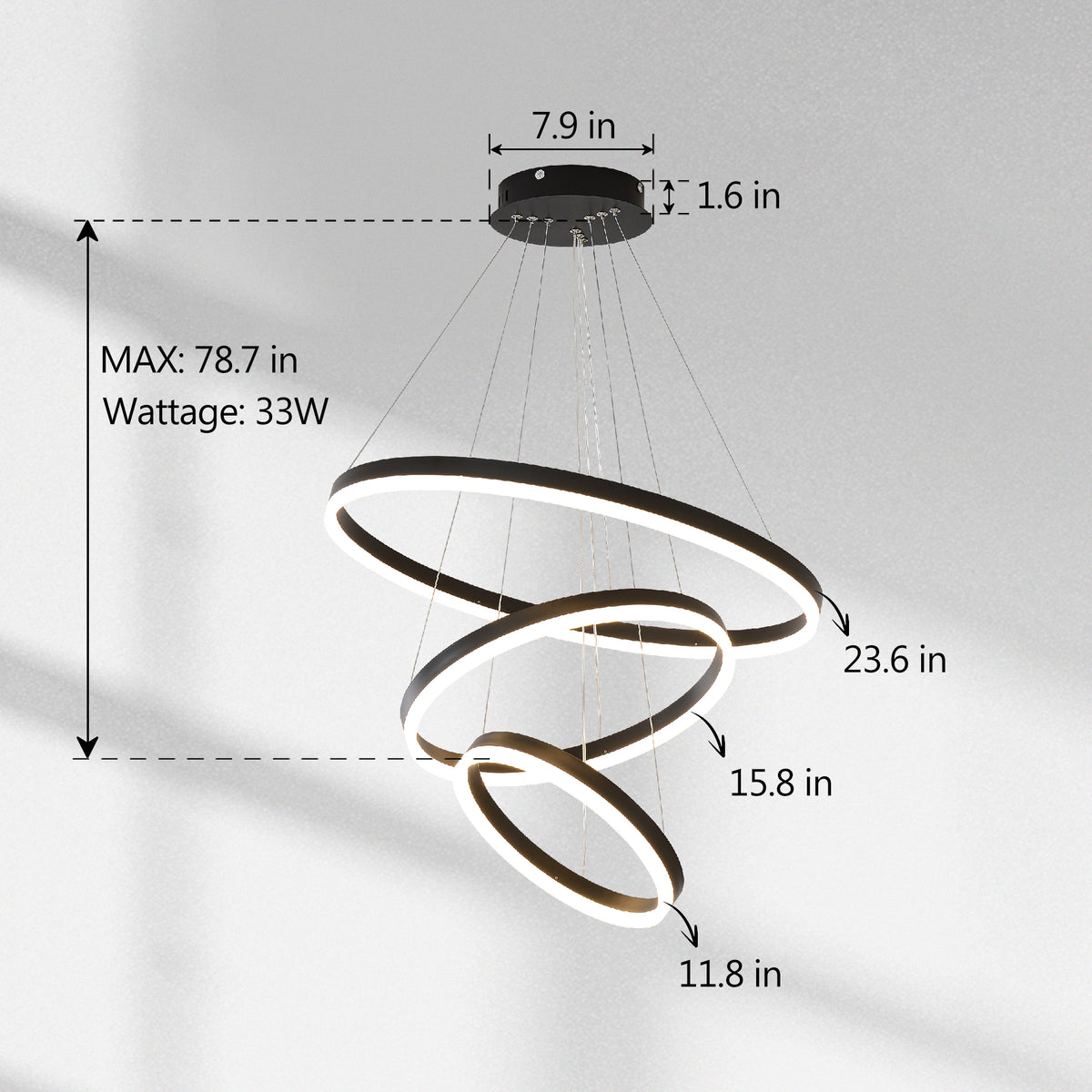 Design feature view of Chandelier 3-Ring Dimmable LED Black Acrylic & Aluminum